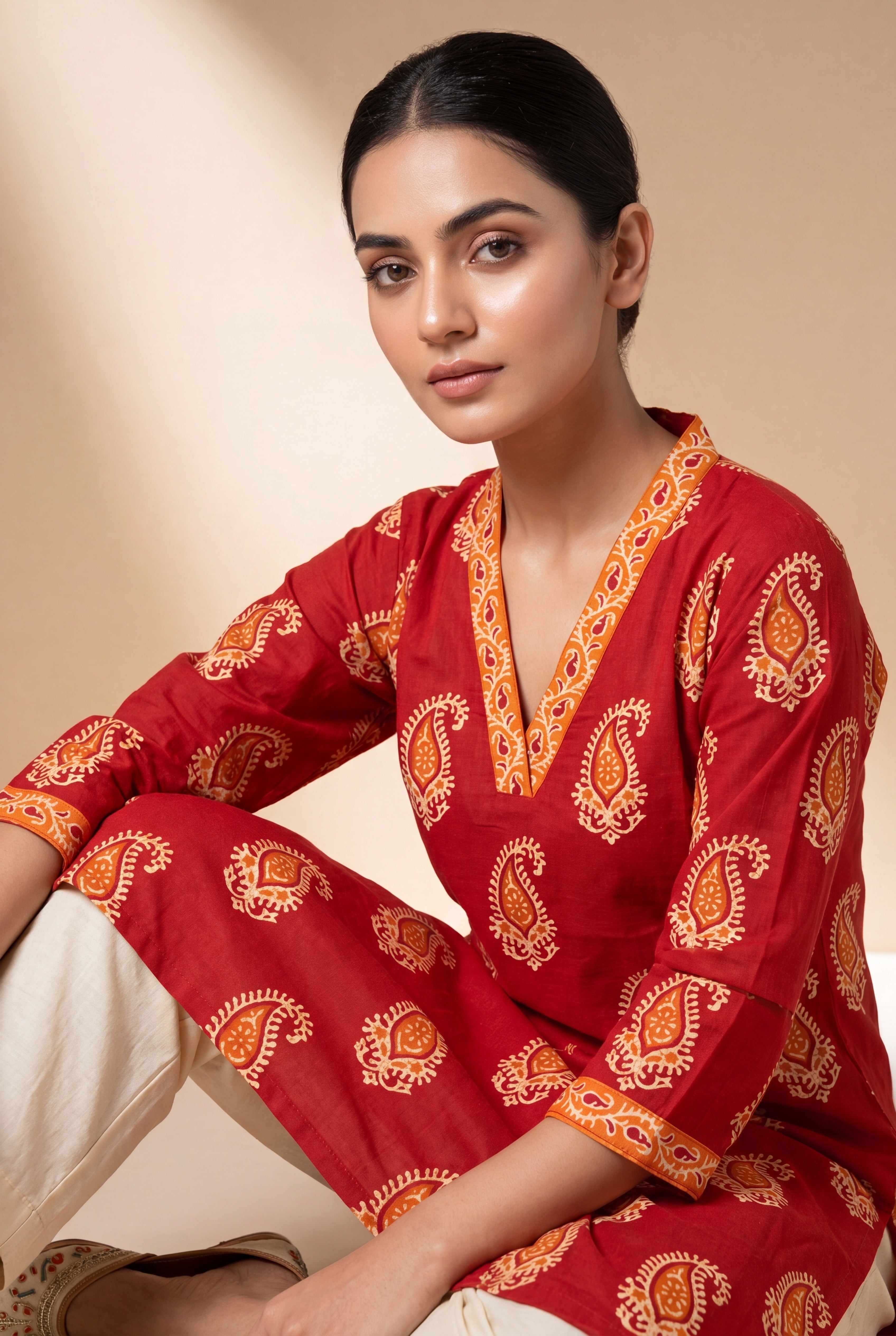 Ruby Red Āmralekhā Cotton Kurti