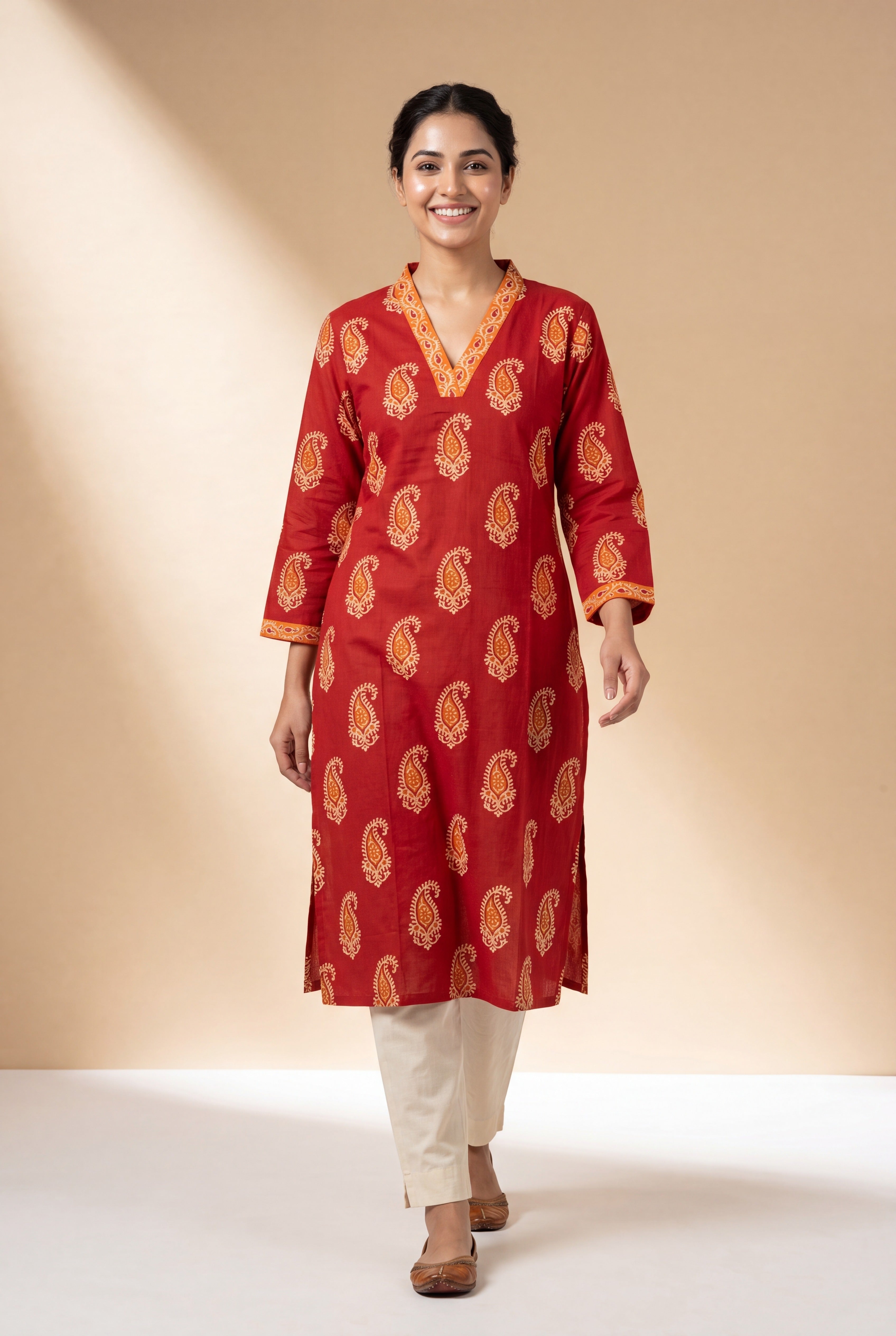 Ruby Red Āmralekhā Cotton Kurti