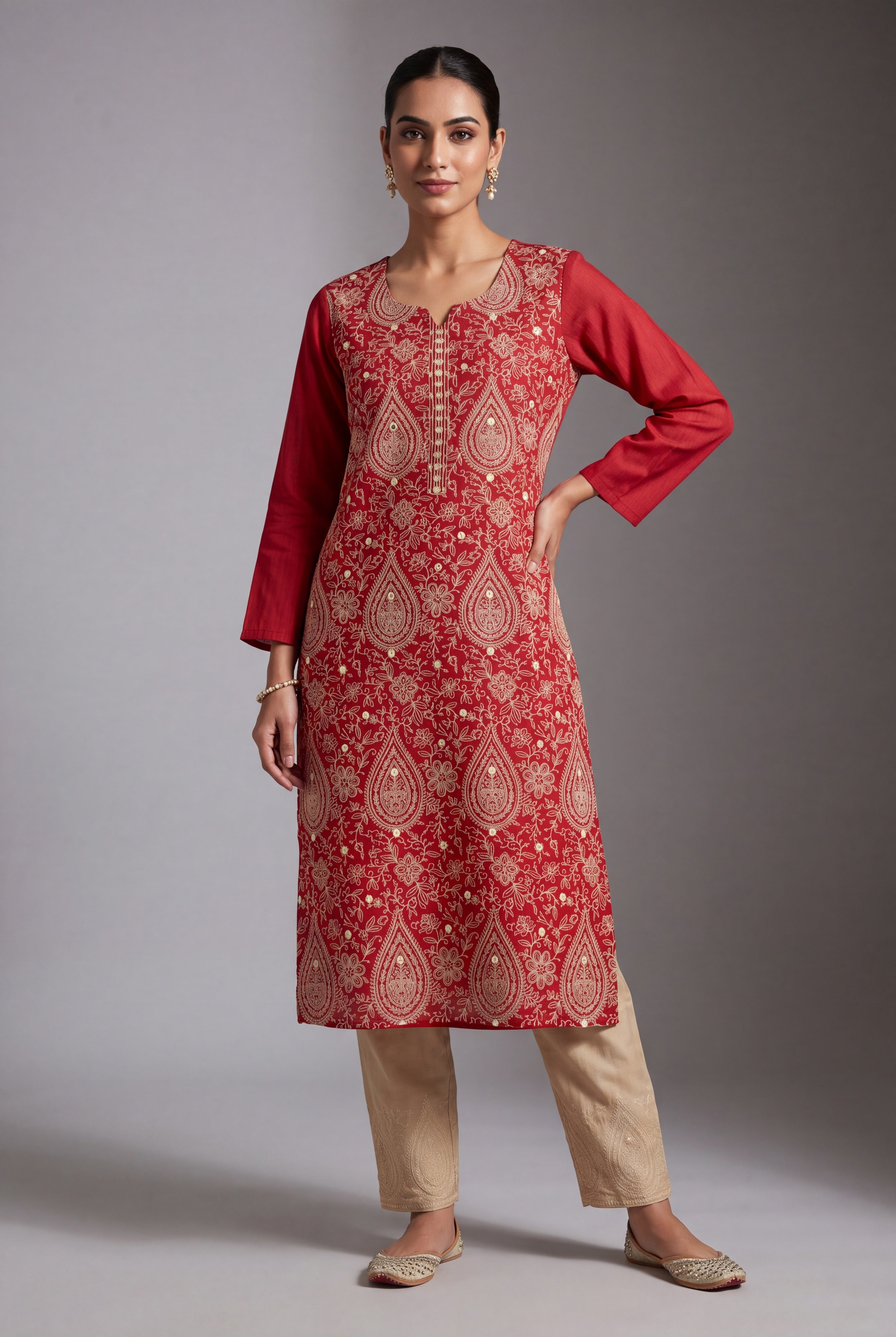Rust Araṇya Kurti with Cream Netrabindu and Jaal threadwork