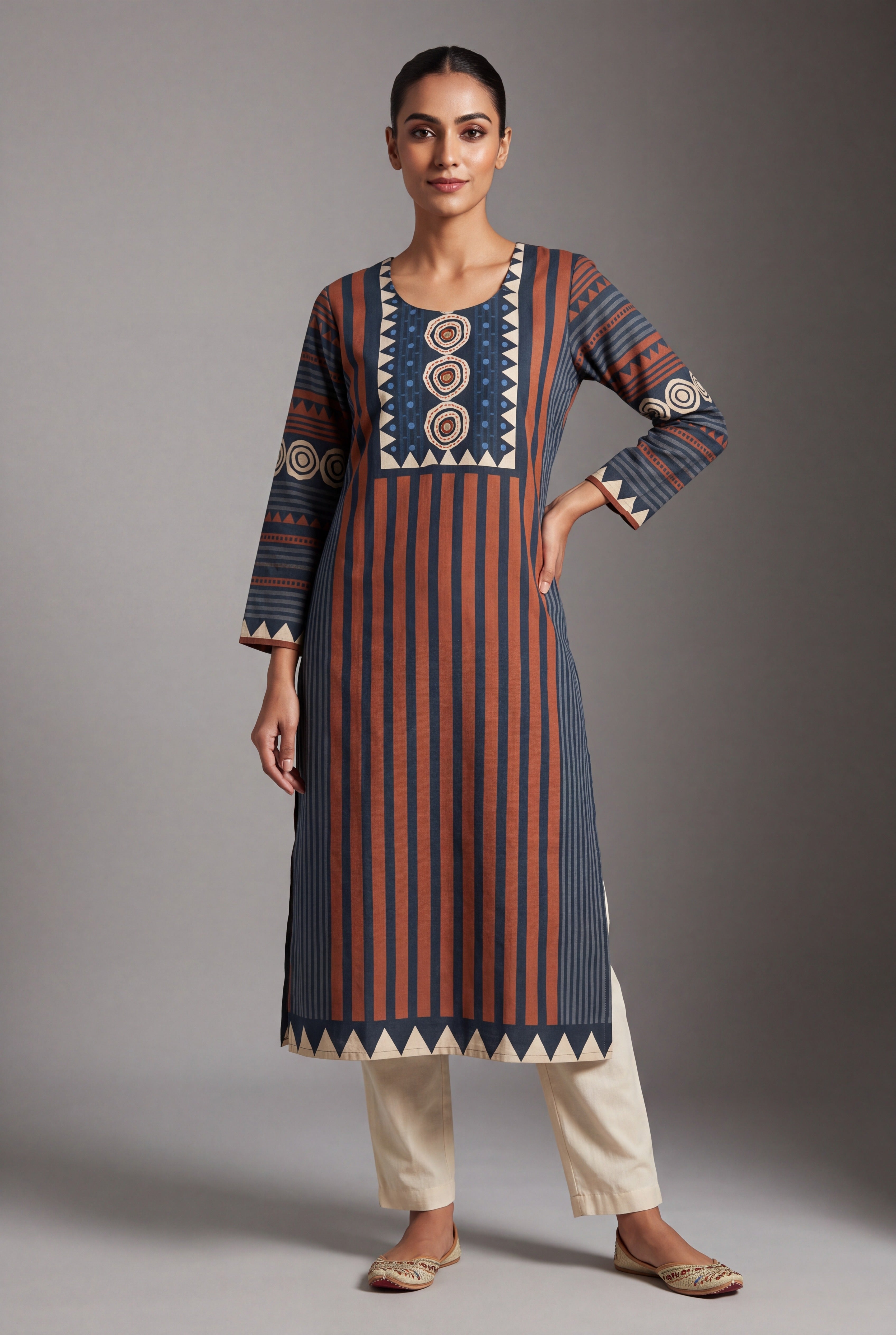Rust Cotton Chakra Kurti with Mirror embellishments