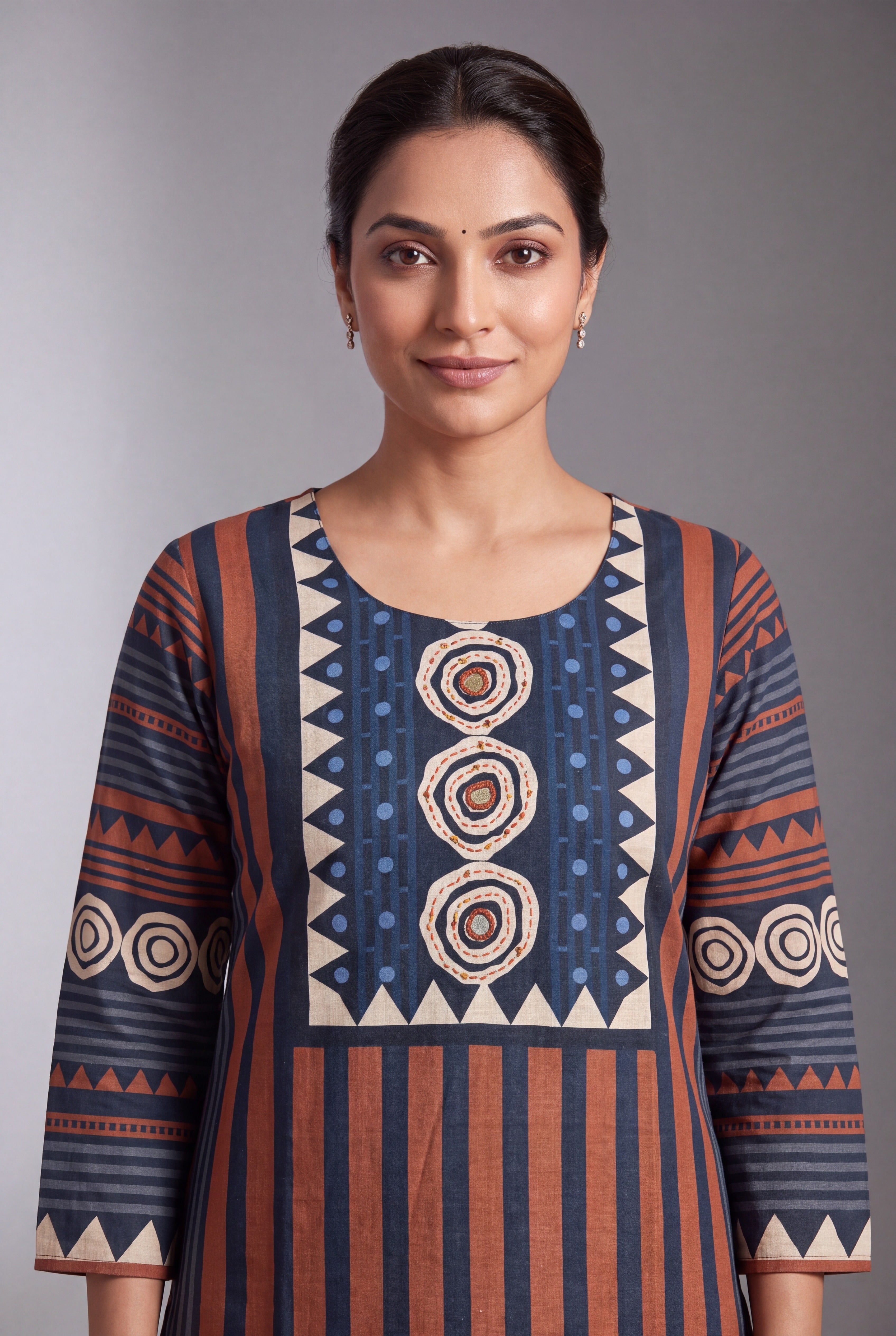 Rust Cotton Chakra Kurti with Mirror embellishments
