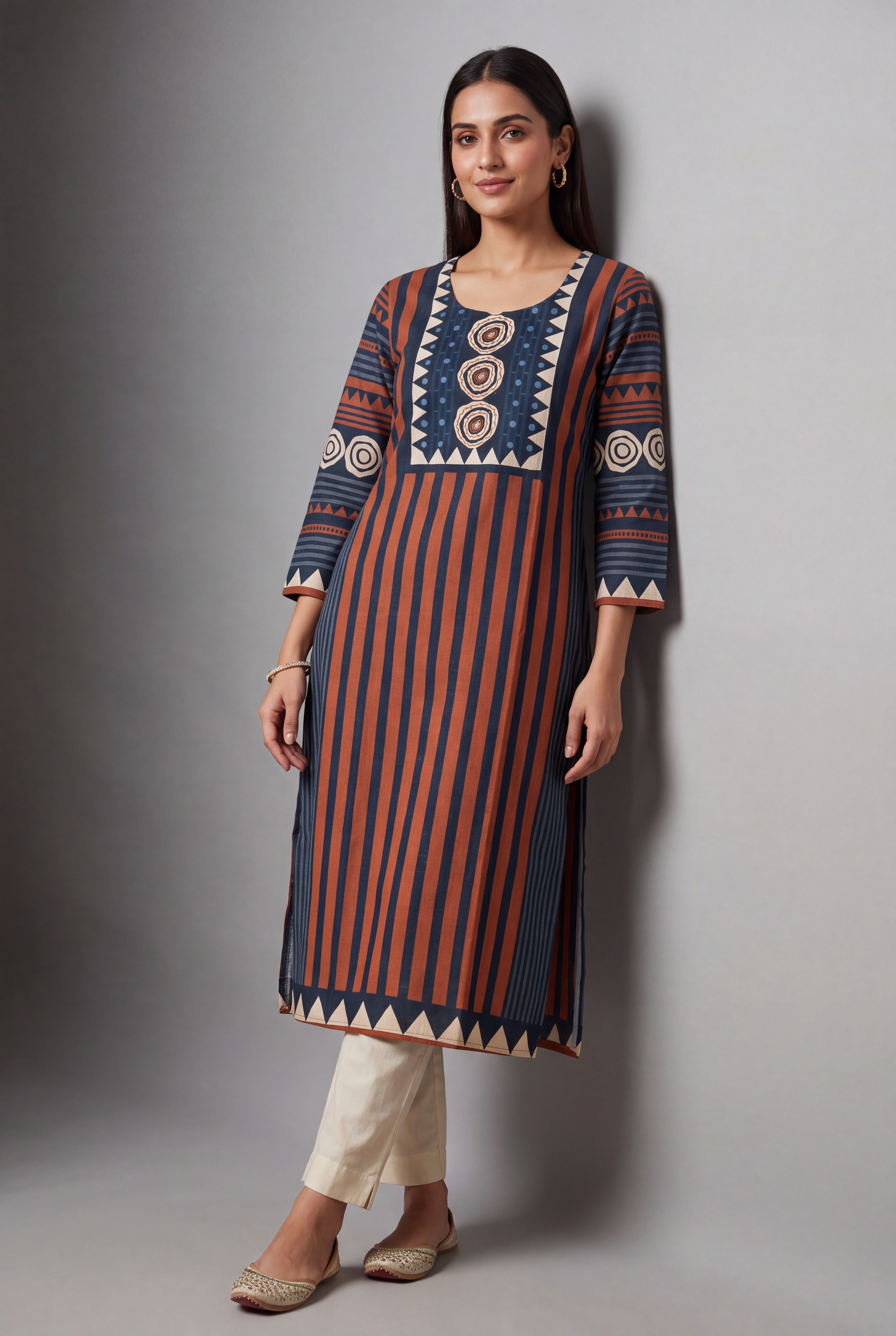 Rust Cotton Chakra Kurti with Mirror embellishments