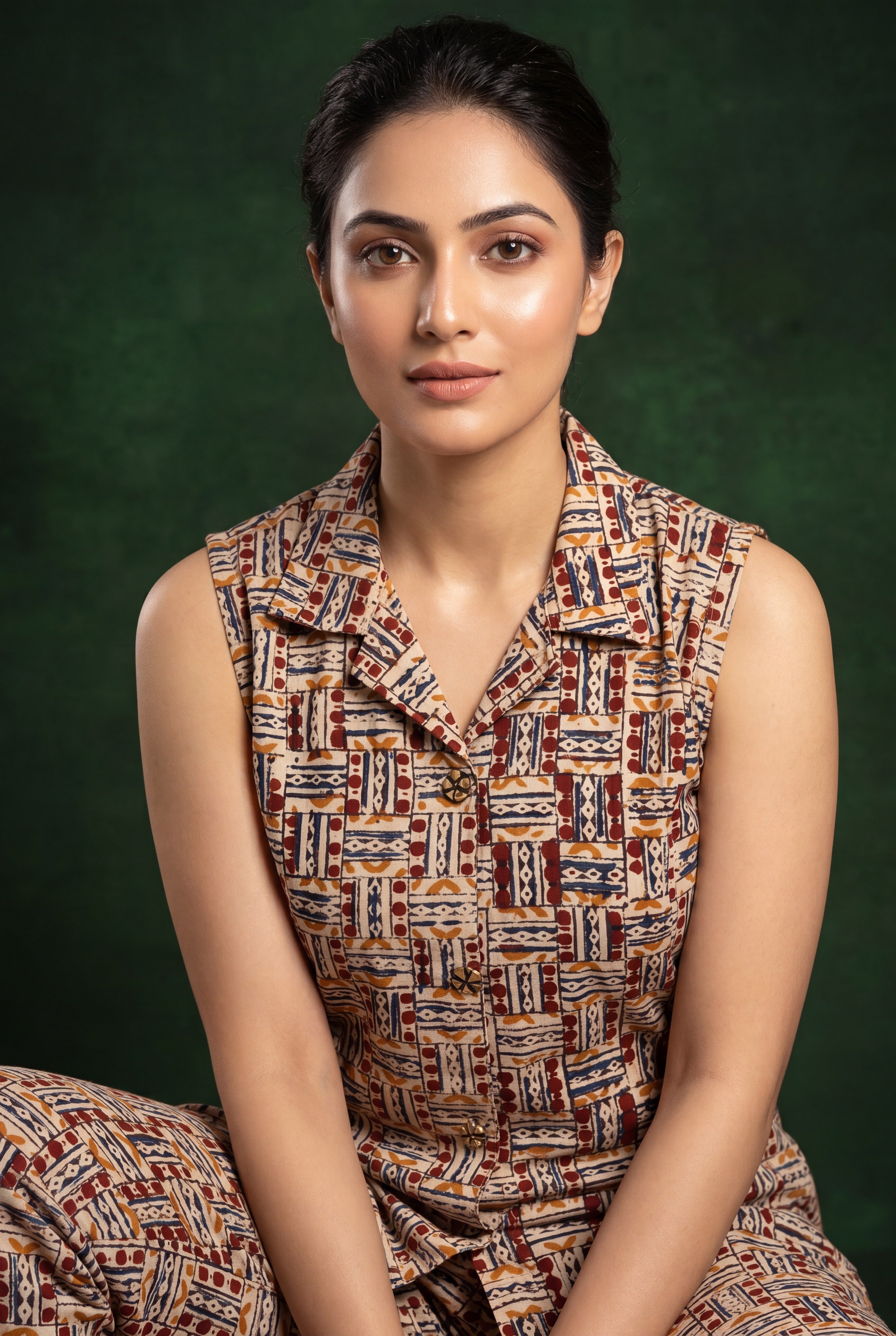 Rust Raktima Cotton Kurti with Kutchi Tribal Geometric Print