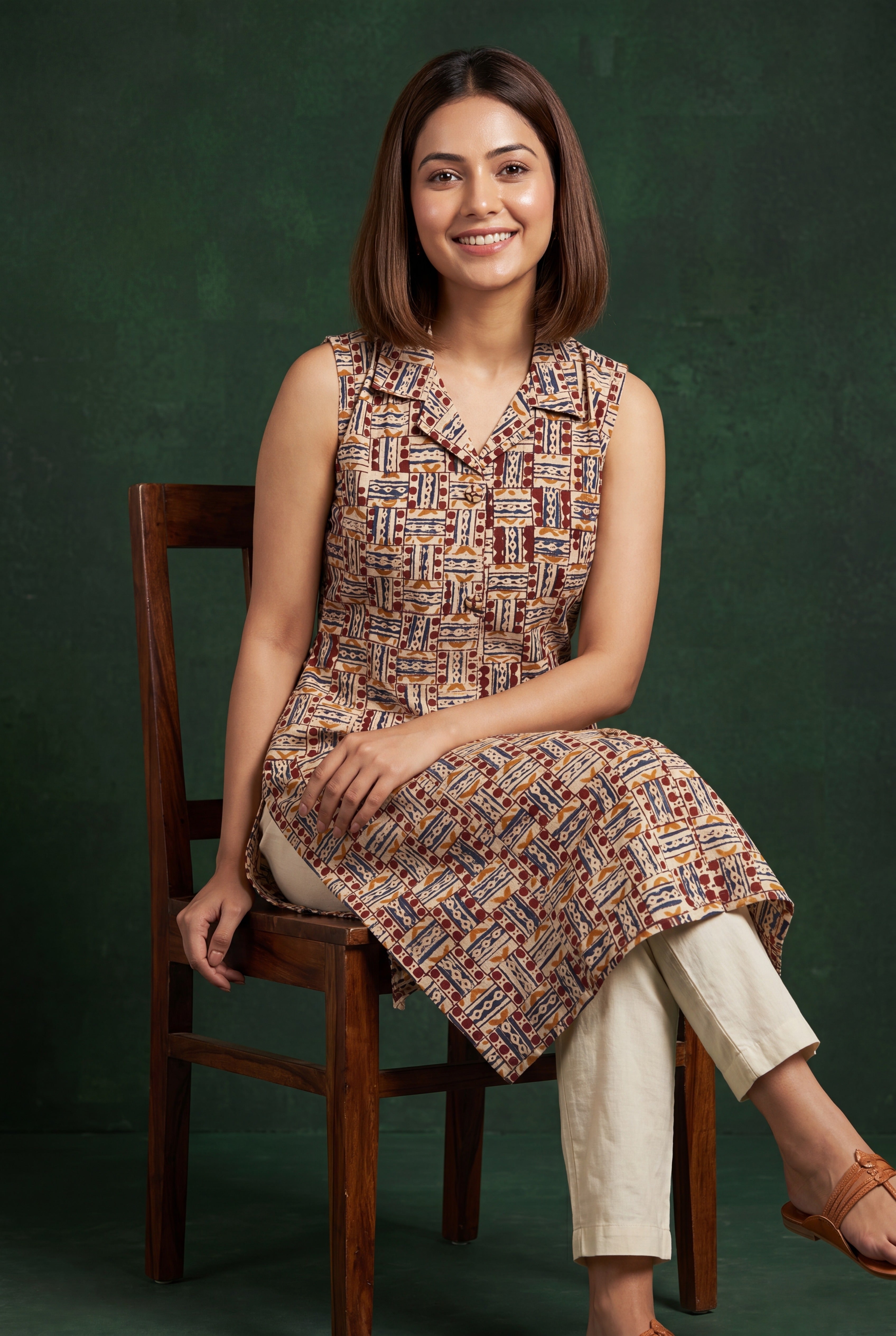 Rust Raktima Cotton Kurti with Kutchi Tribal Geometric Print