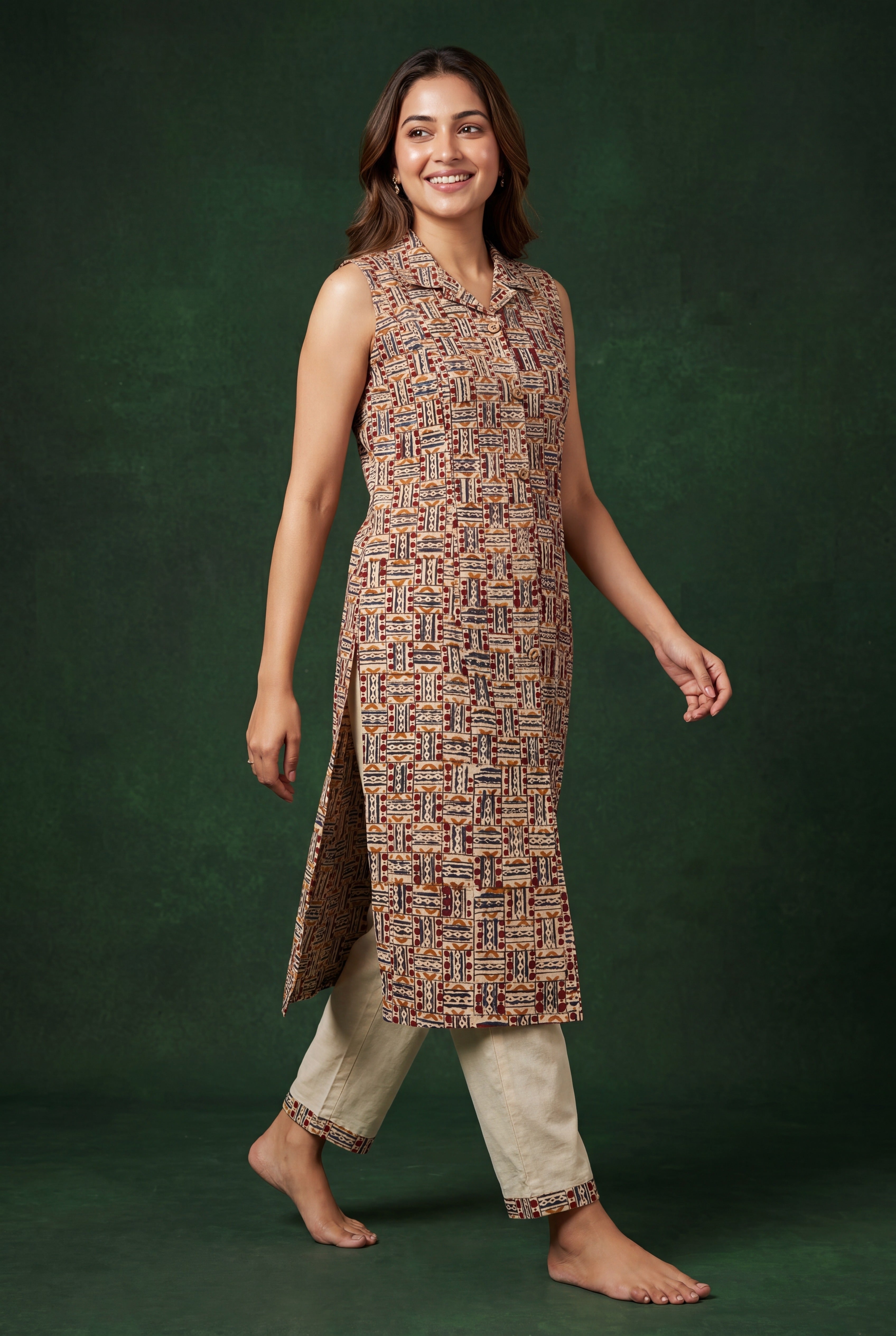 Rust Raktima Cotton Kurti with Kutchi Tribal Geometric Print