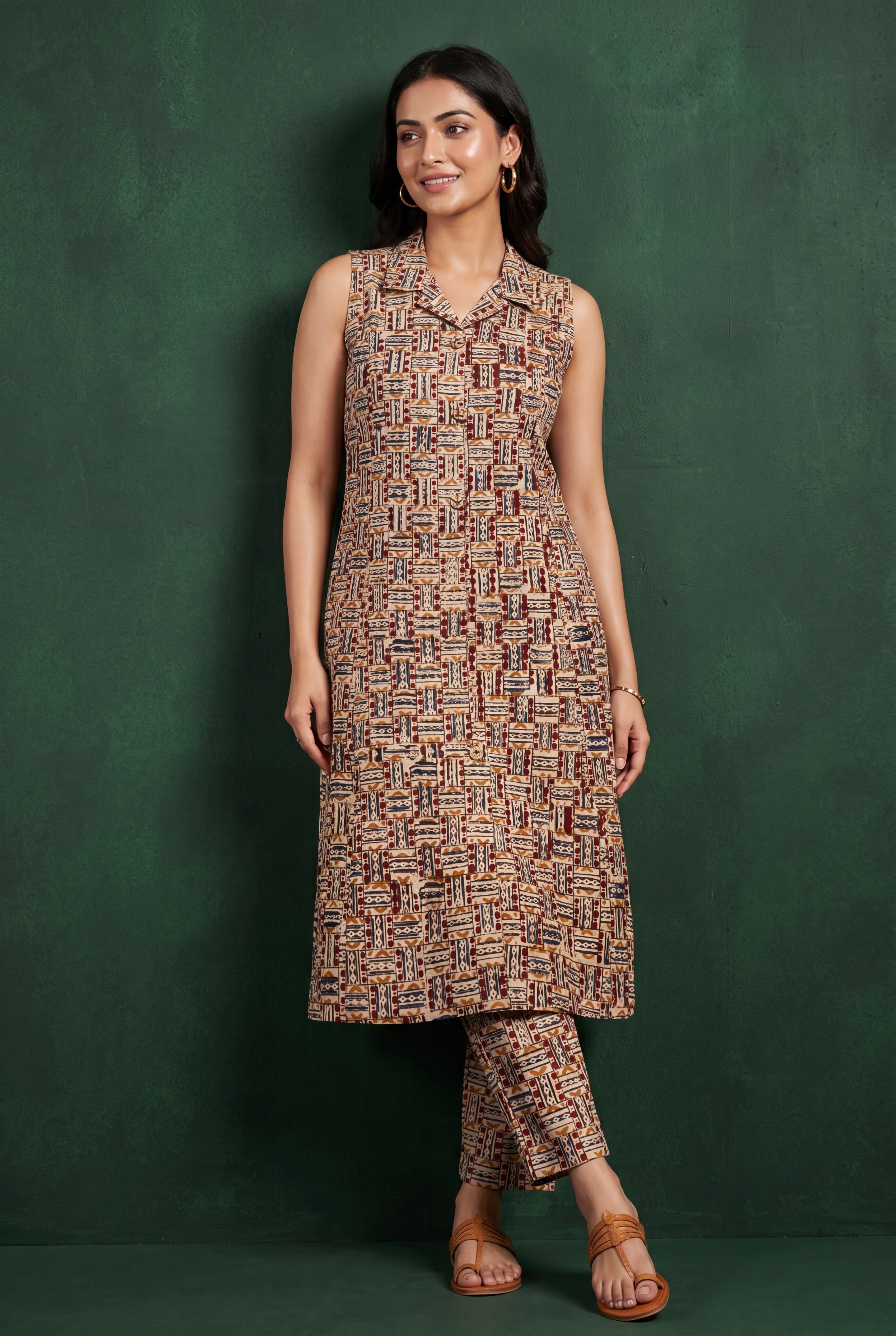 Rust Raktima Cotton Kurti with Kutchi Tribal Geometric Print