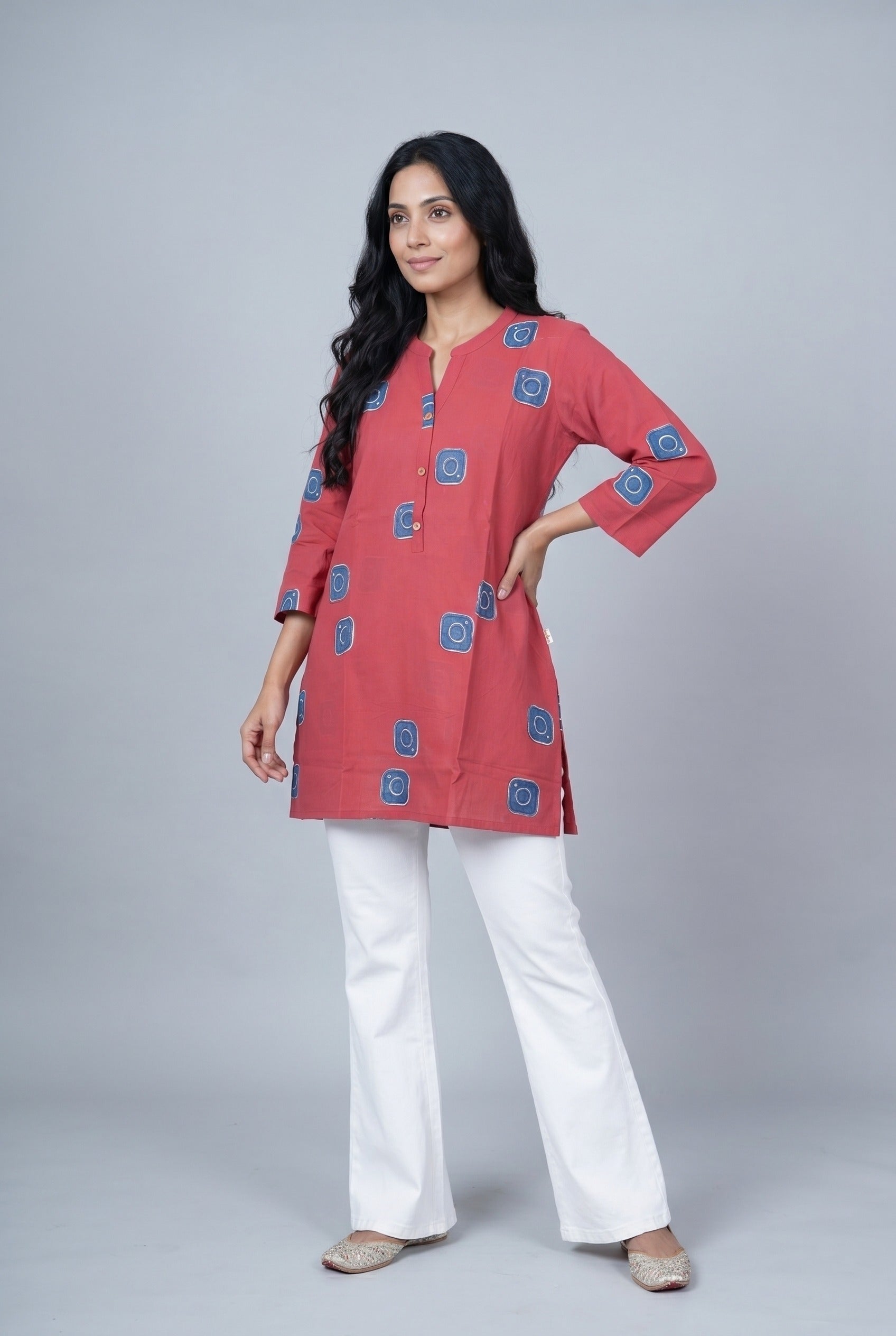 Rust Red Cotton Kurti with Indigo Geometric butti