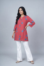 Rust Red Cotton Kurti with Indigo Geometric butti