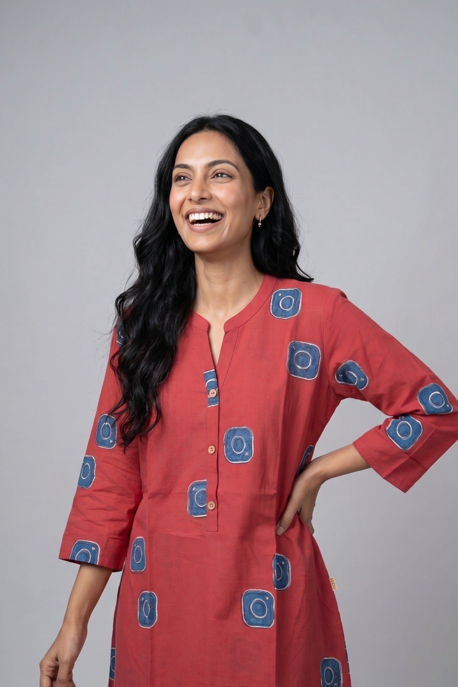 Rust Red Cotton Kurti with Indigo Geometric butti