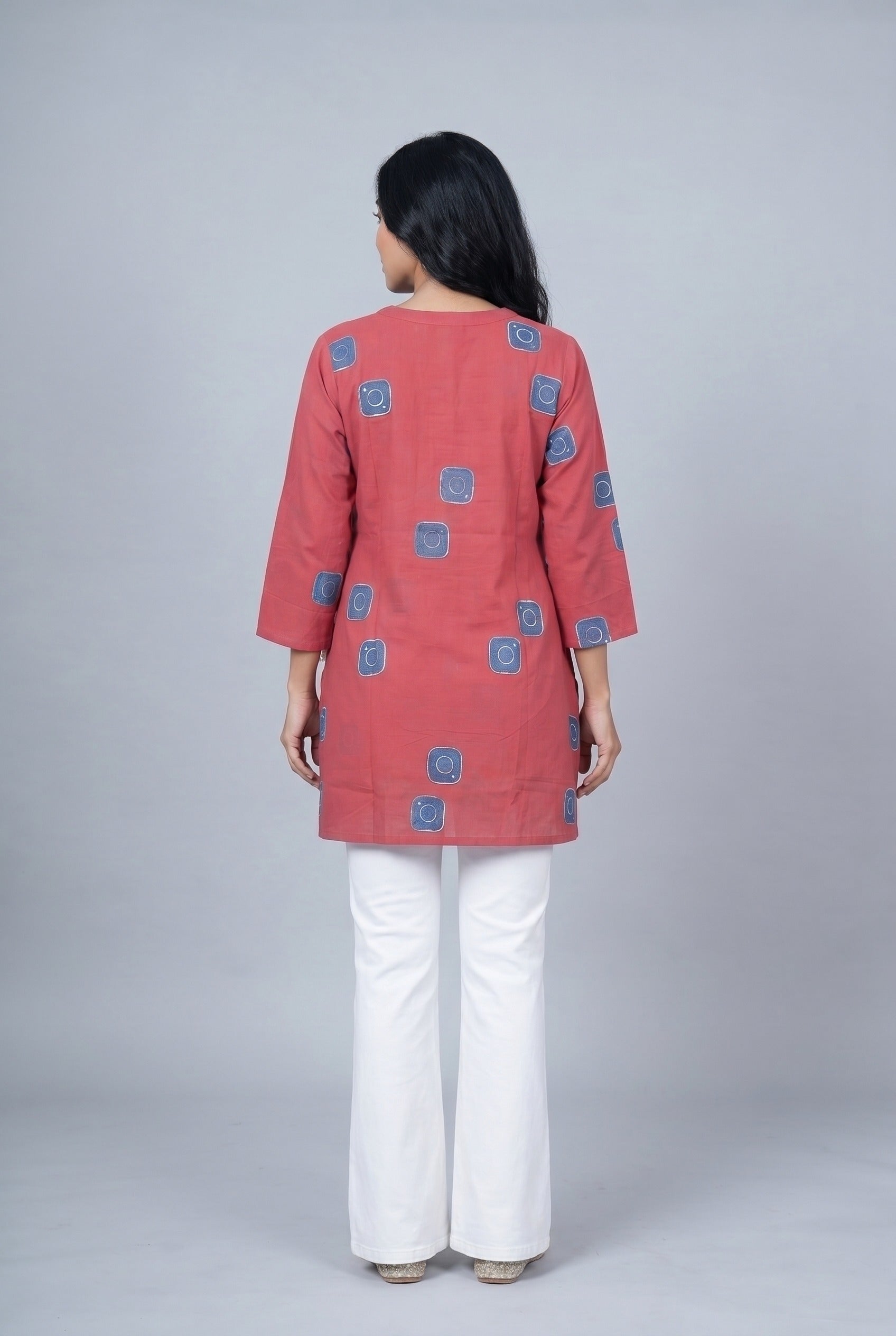 Rust Red Cotton Kurti with Indigo Geometric butti