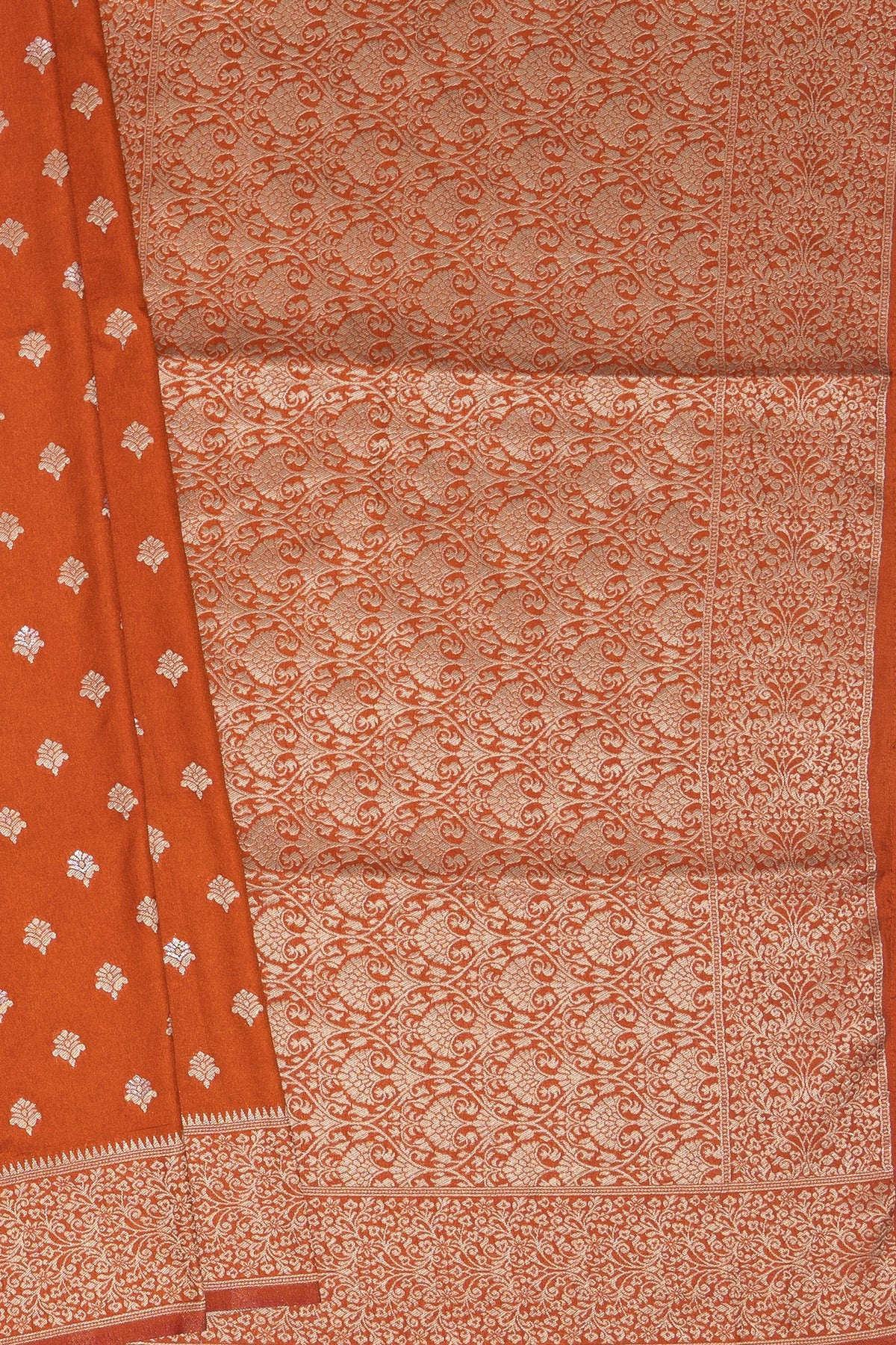 Saffron Gold Katan Silk Banarasi Saree with Golden Zari Kusuma butti