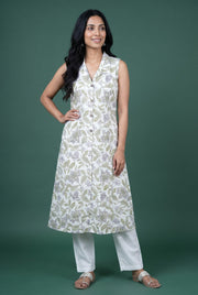Sage Bloom Cotton Sleeveless Kurti