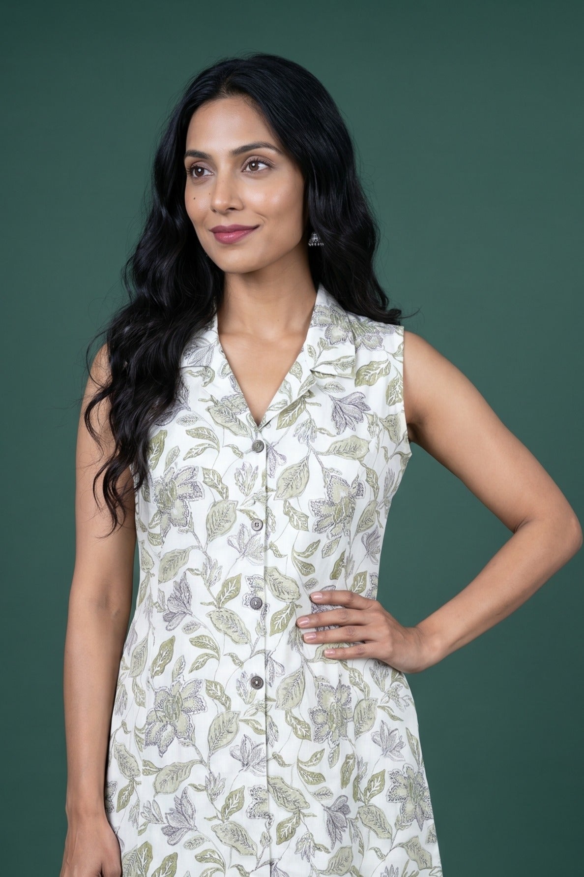 Sage Bloom Cotton Sleeveless Kurti