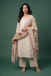 Sand Beige Mul Crepe Salwar Kameez with Ivory Chikankari Jaal Embroidery