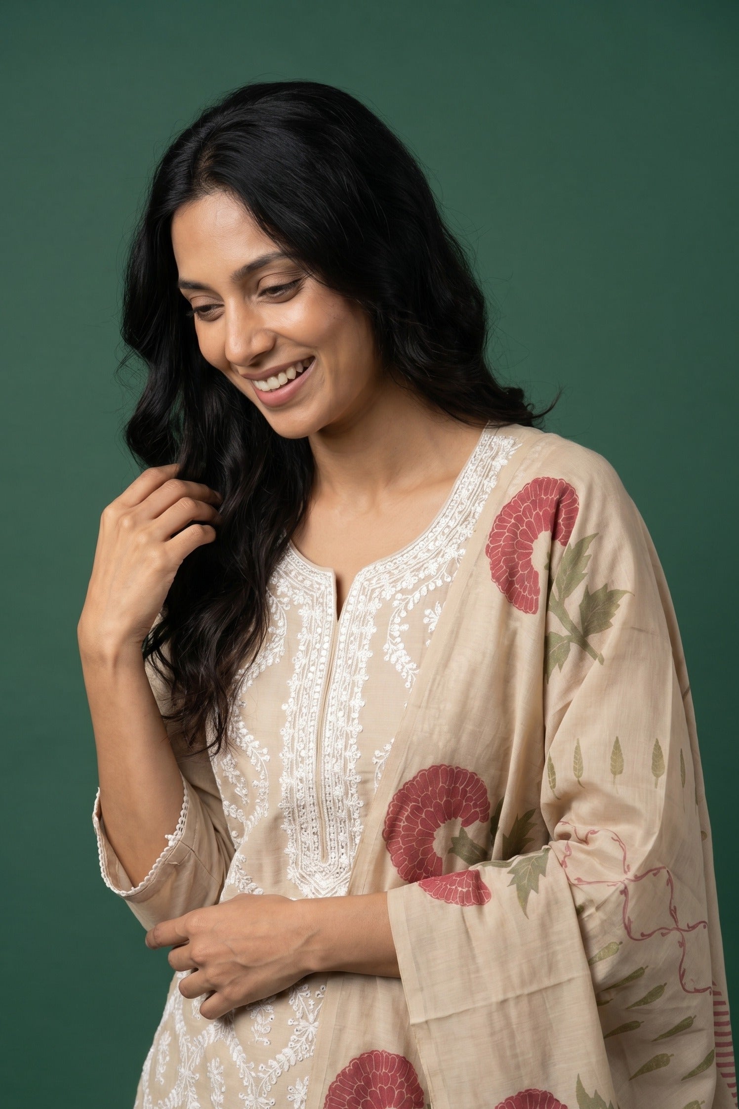 Sand Beige Mul Crepe Salwar Kameez with Ivory Chikankari Jaal Embroidery