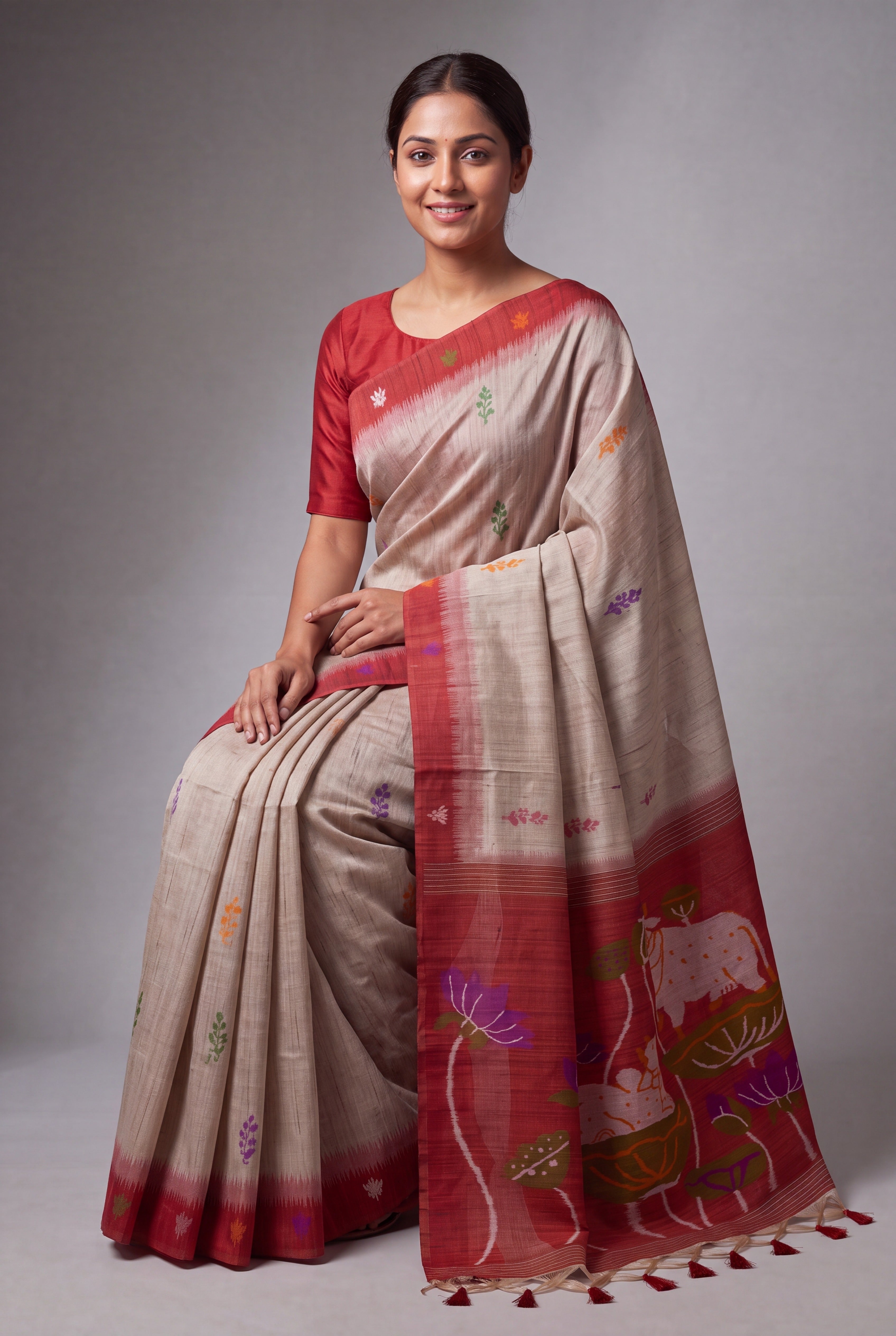 Sand and Crimson Paithani-concept Saree with Nandi Pallu