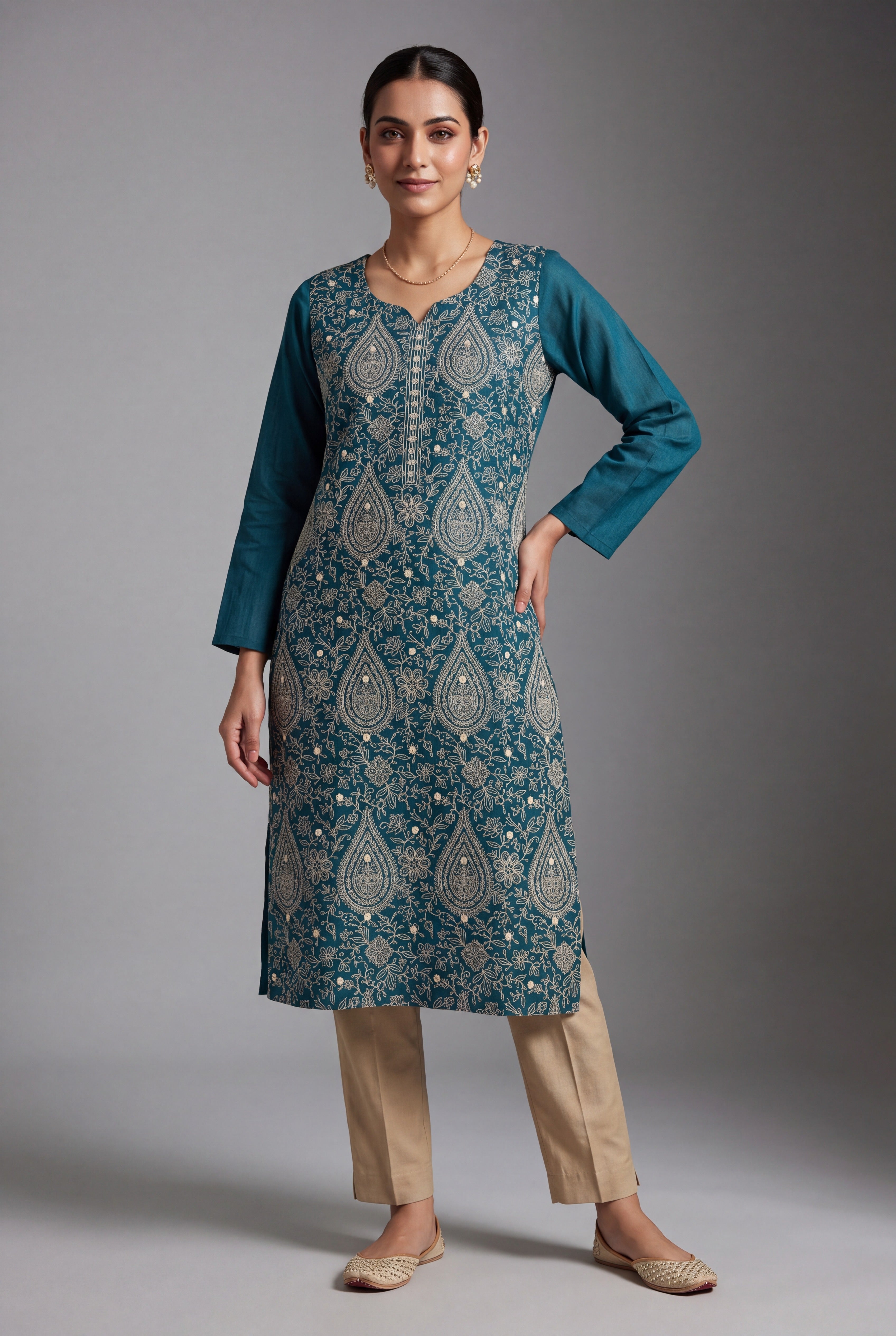 Sapphire Blue Aranya Kurti with Cream Netrabindu and Jaal threadwork