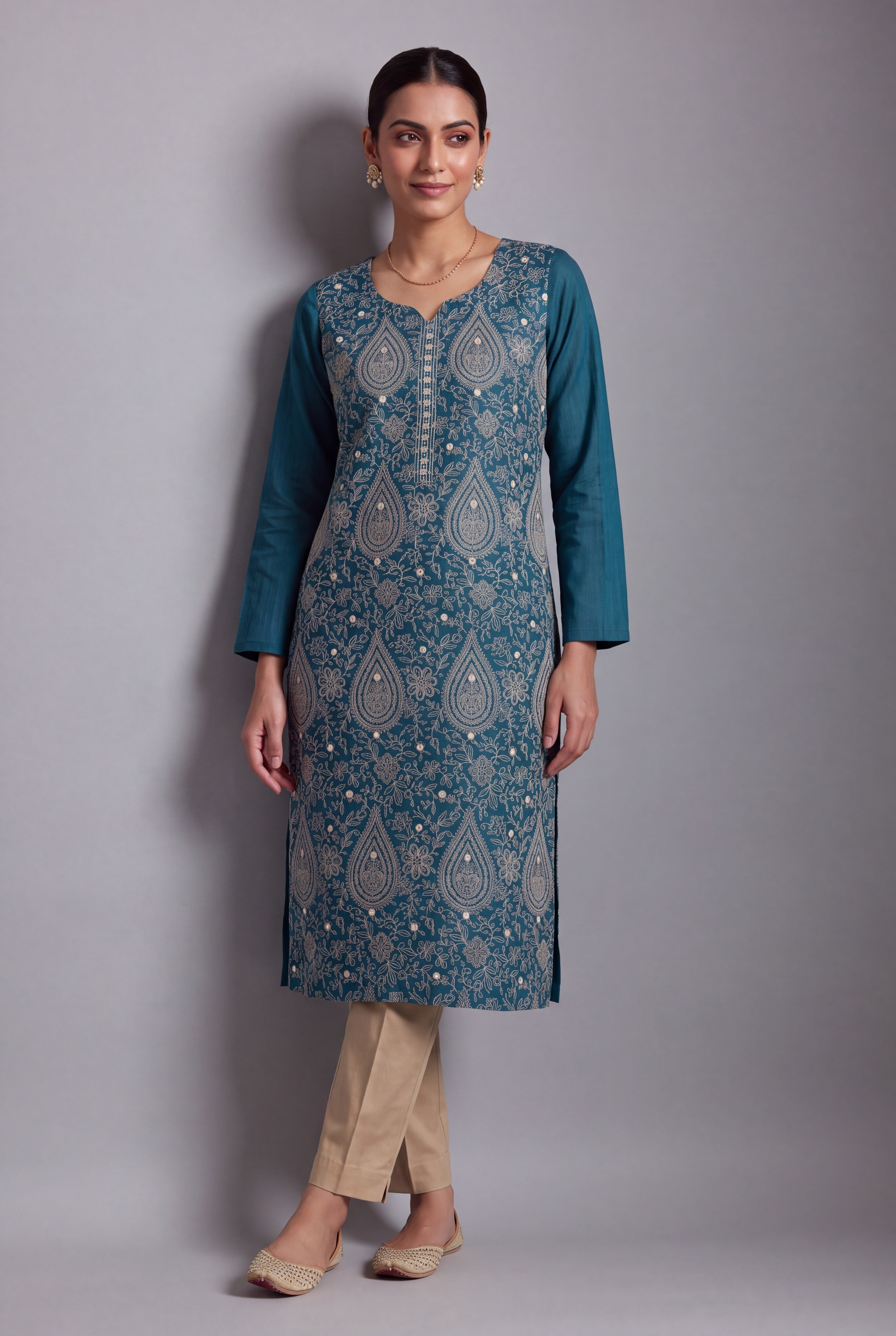 Sapphire Blue Aranya Kurti with Cream Netrabindu and Jaal threadwork