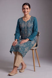 Sapphire Blue Aranya Kurti with Cream Netrabindu and Jaal threadwork