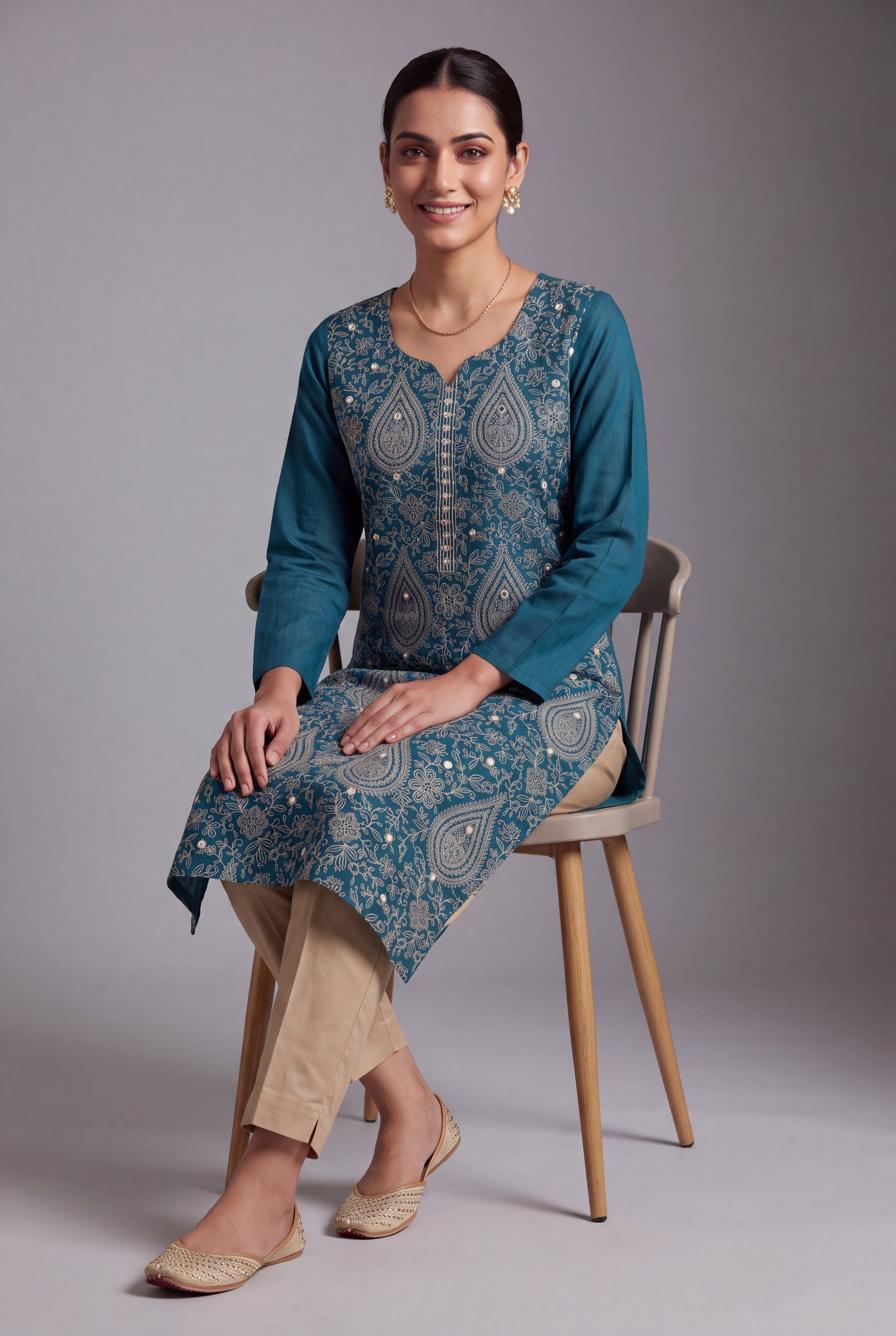 Sapphire Blue Aranya Kurti with Cream Netrabindu and Jaal threadwork