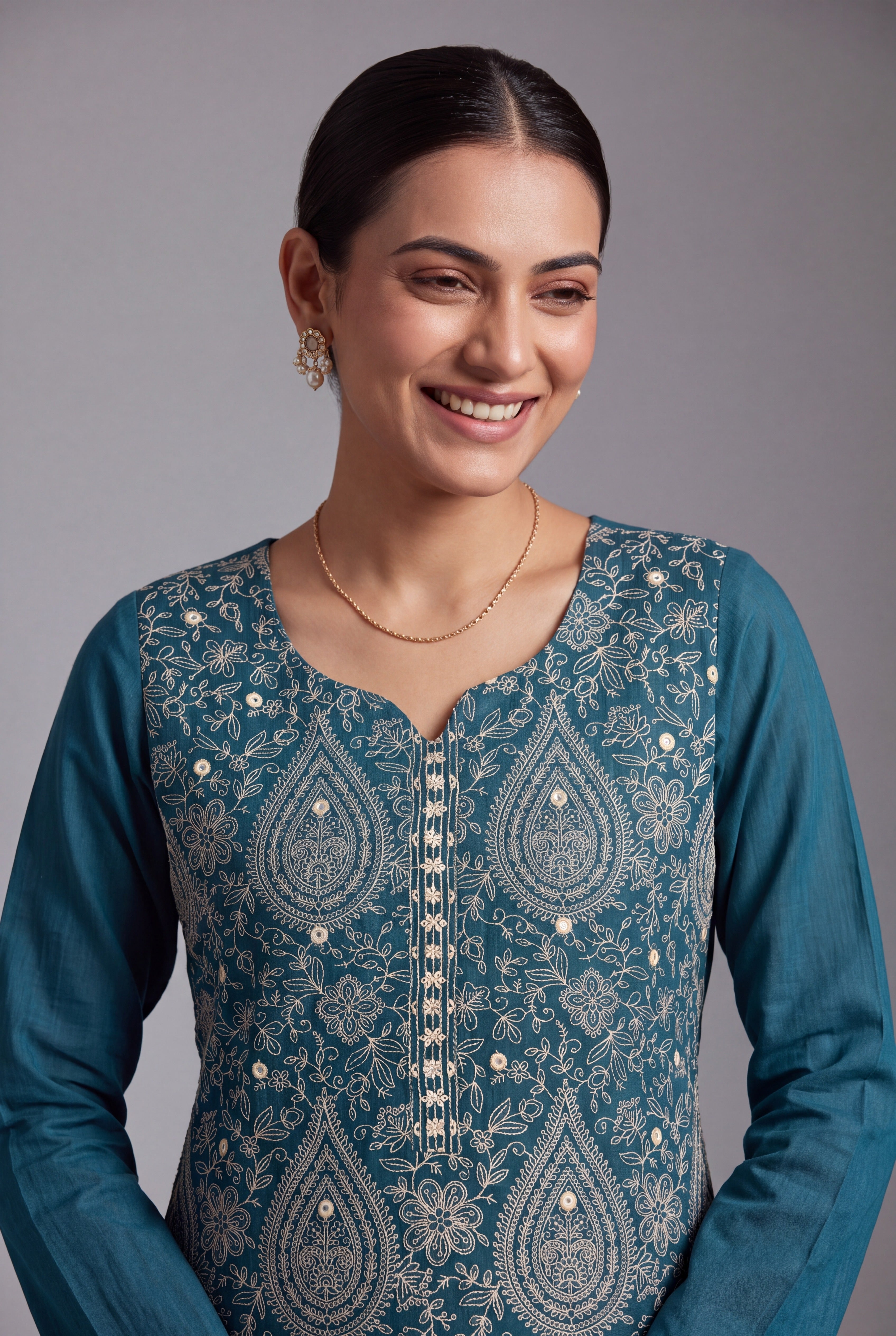 Sapphire Blue Aranya Kurti with Cream Netrabindu and Jaal threadwork