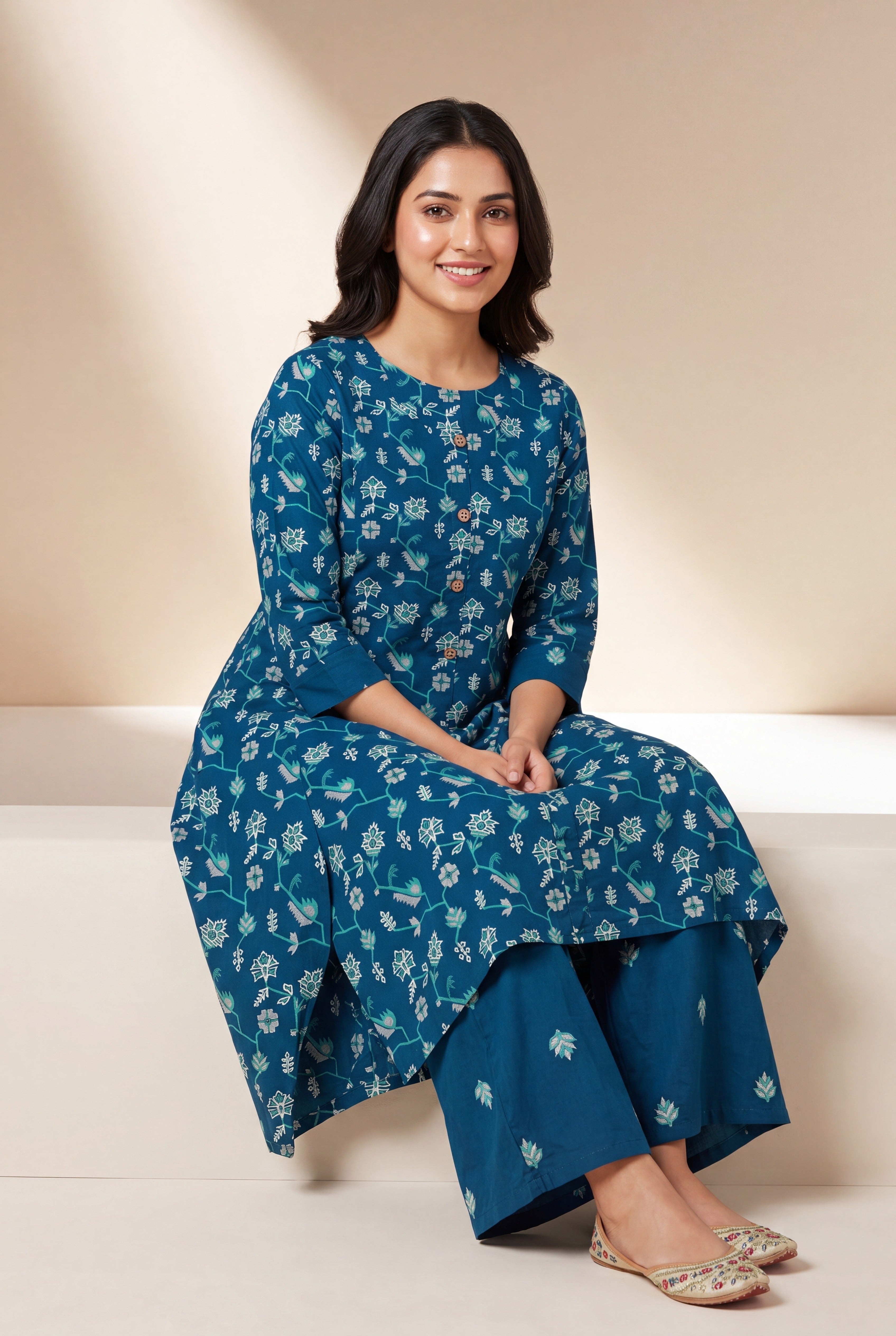 Sapphire Blue Aranya Co-ord Set with Asawali Print