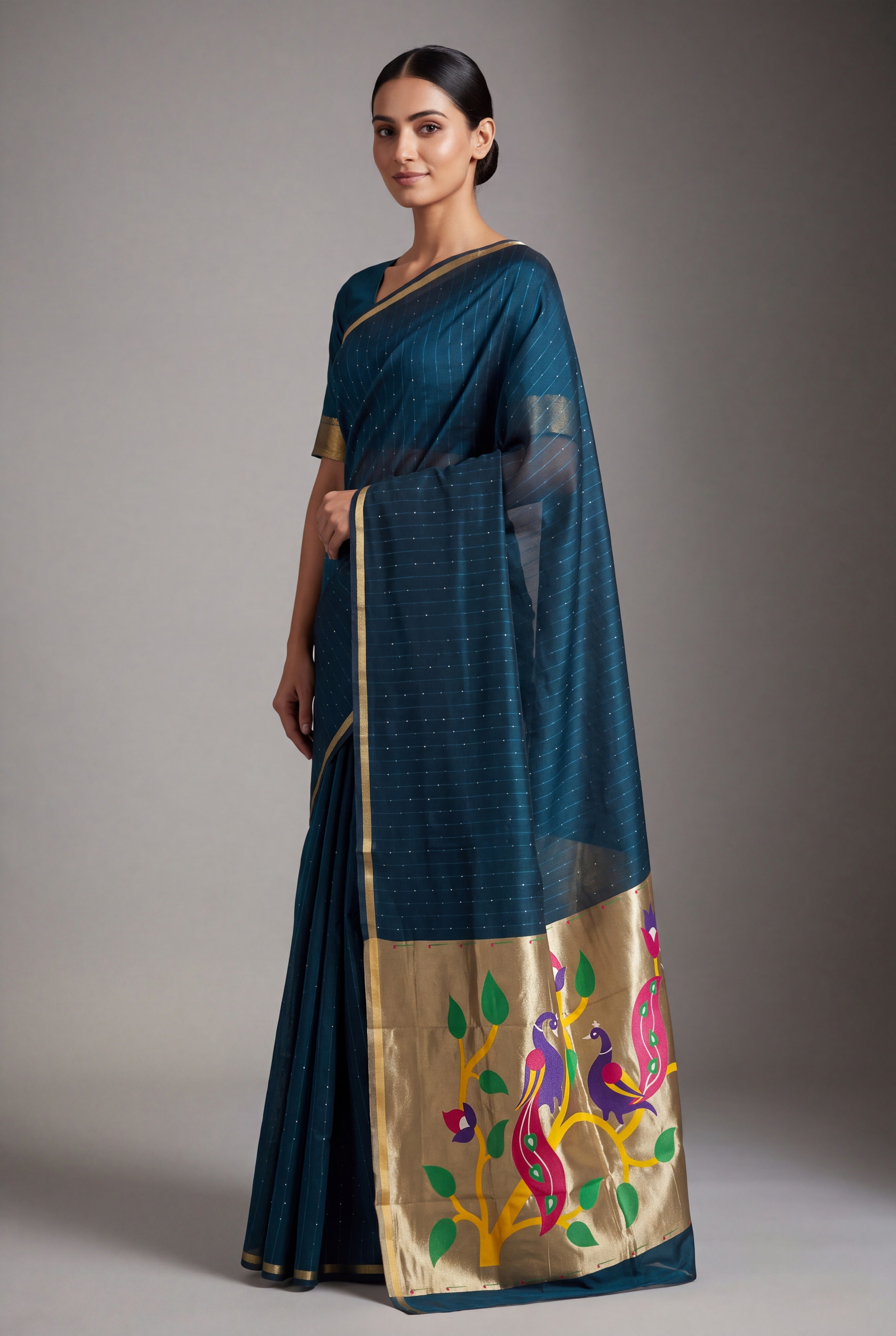 Sapphire Blue Jamdhani Cotton Paithani Saree with Zari Stripes, Sequins work and Mayūra-mithuna Pallu
