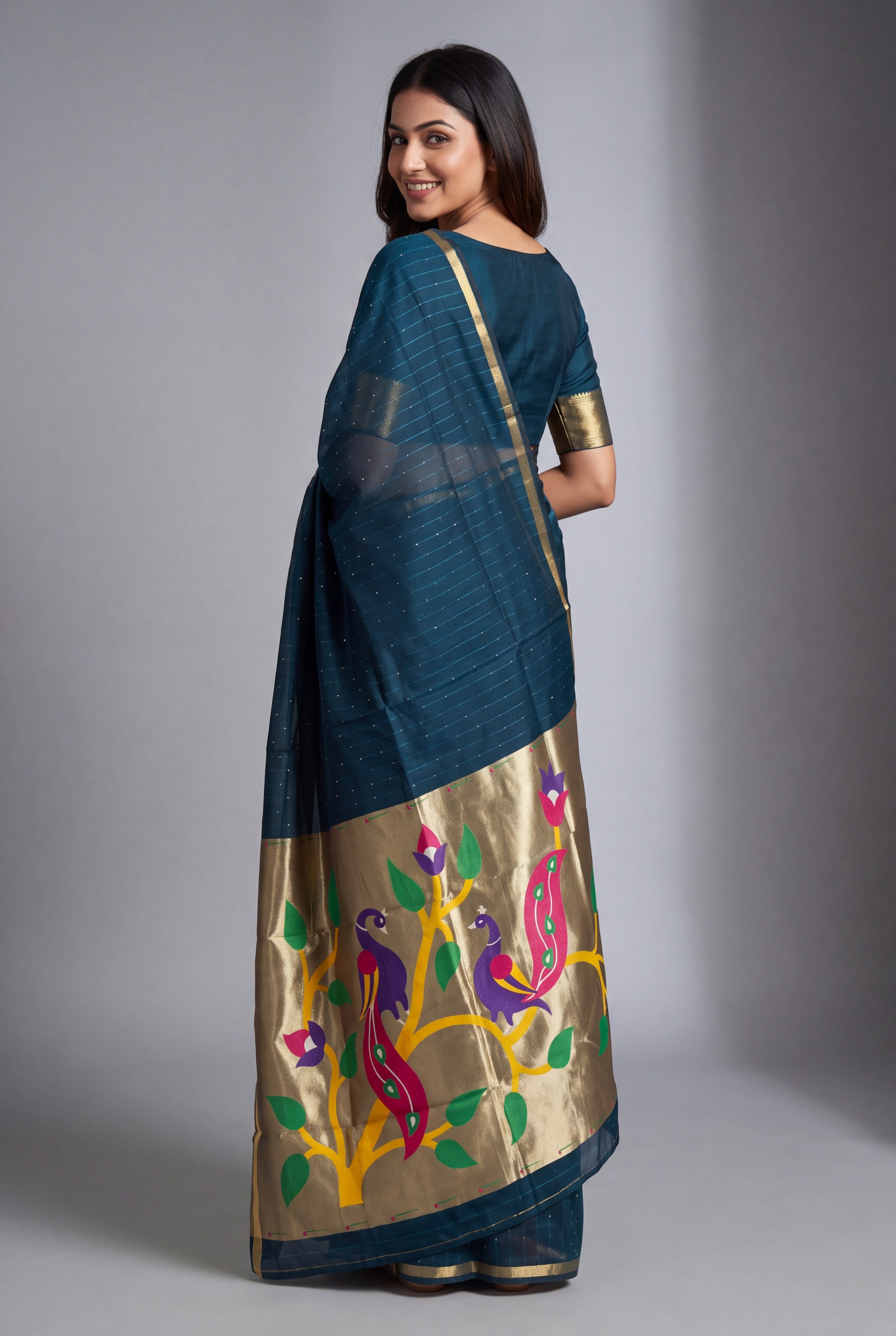 Sapphire Blue Jamdhani Cotton Paithani Saree with Zari Stripes, Sequins work and Mayūra-mithuna Pallu