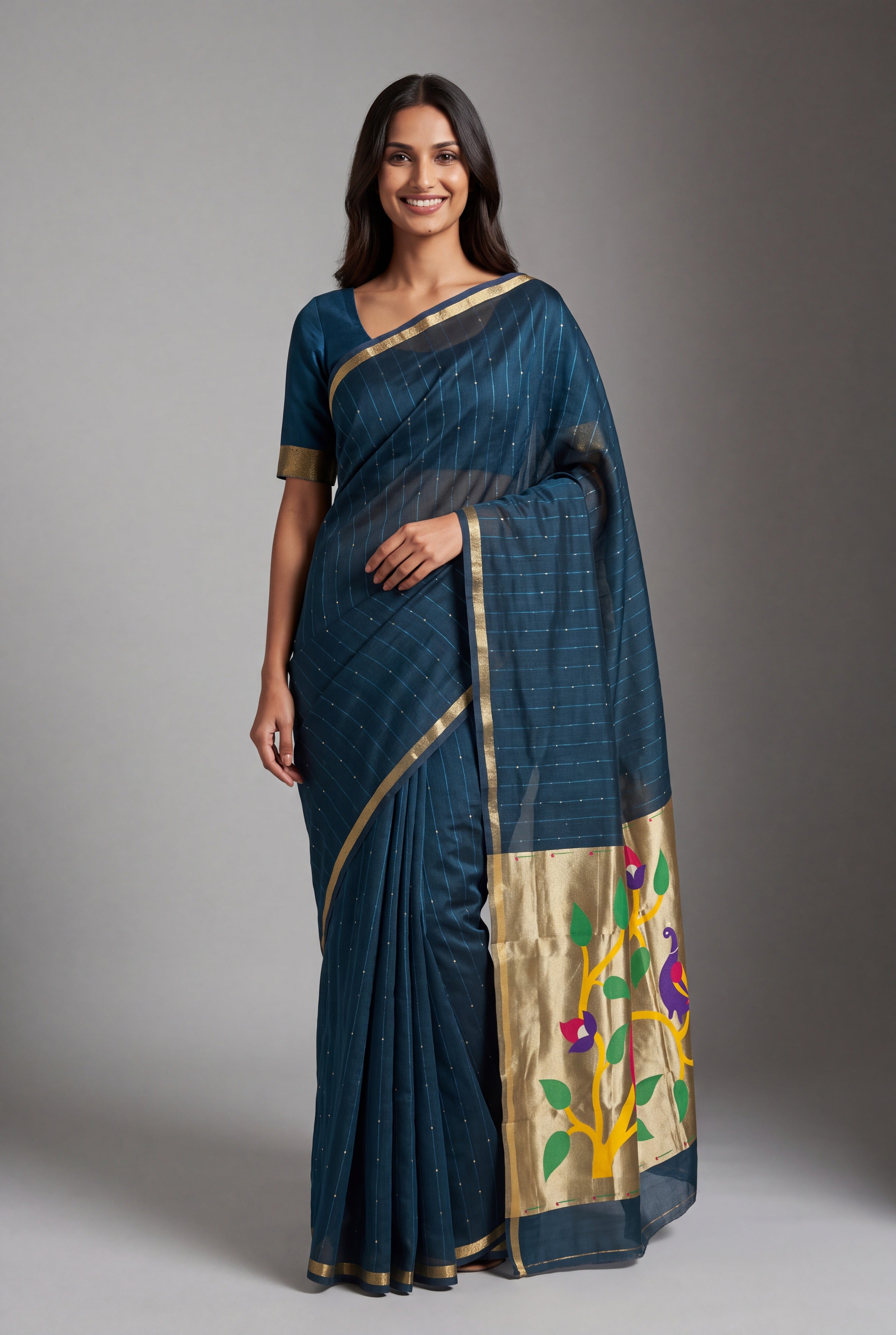 Sapphire Blue Jamdhani Cotton Paithani Saree with Zari Stripes, Sequins work and Mayūra-mithuna Pallu