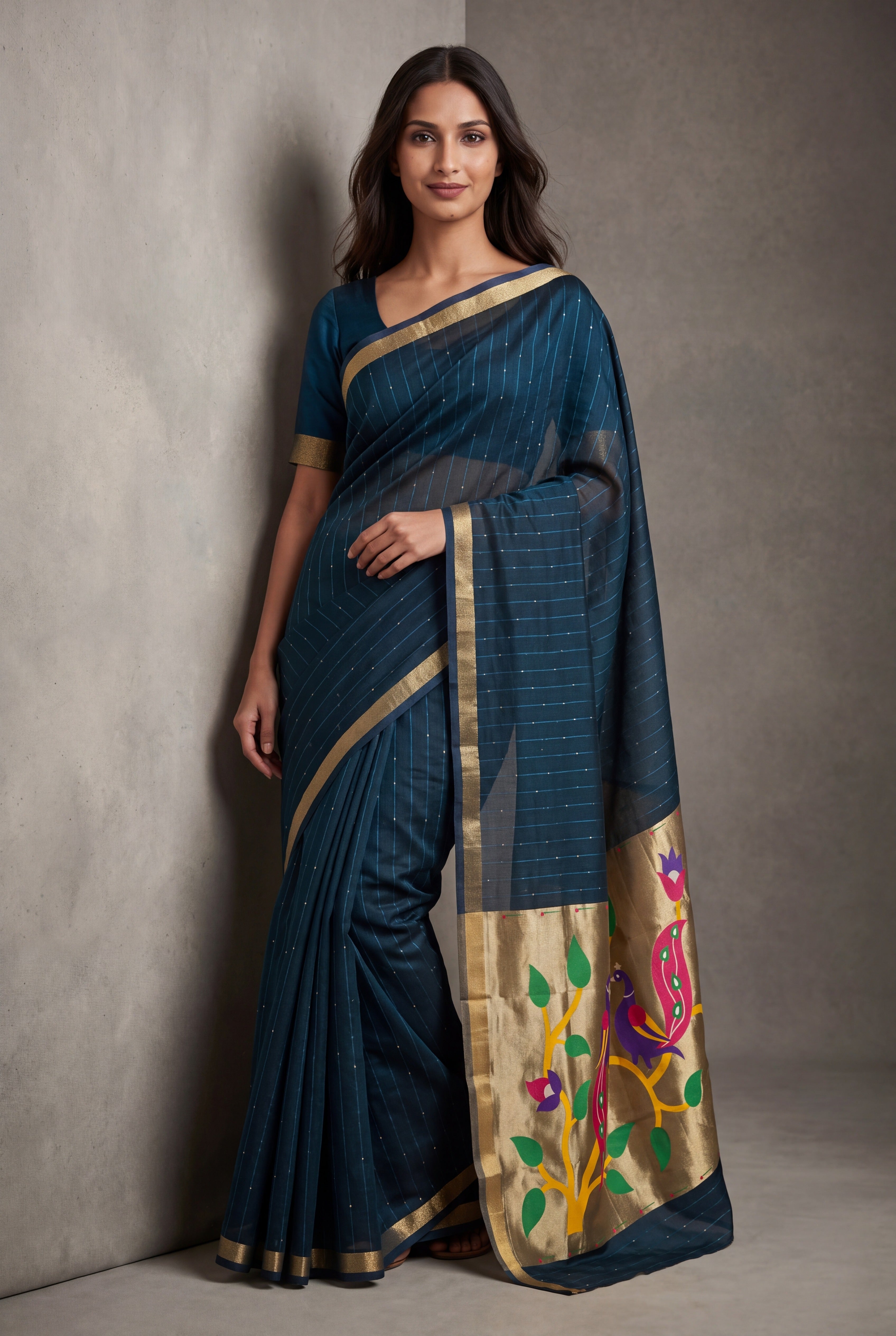 Sapphire Blue Jamdhani Cotton Paithani Saree with Zari Stripes and Sequins work