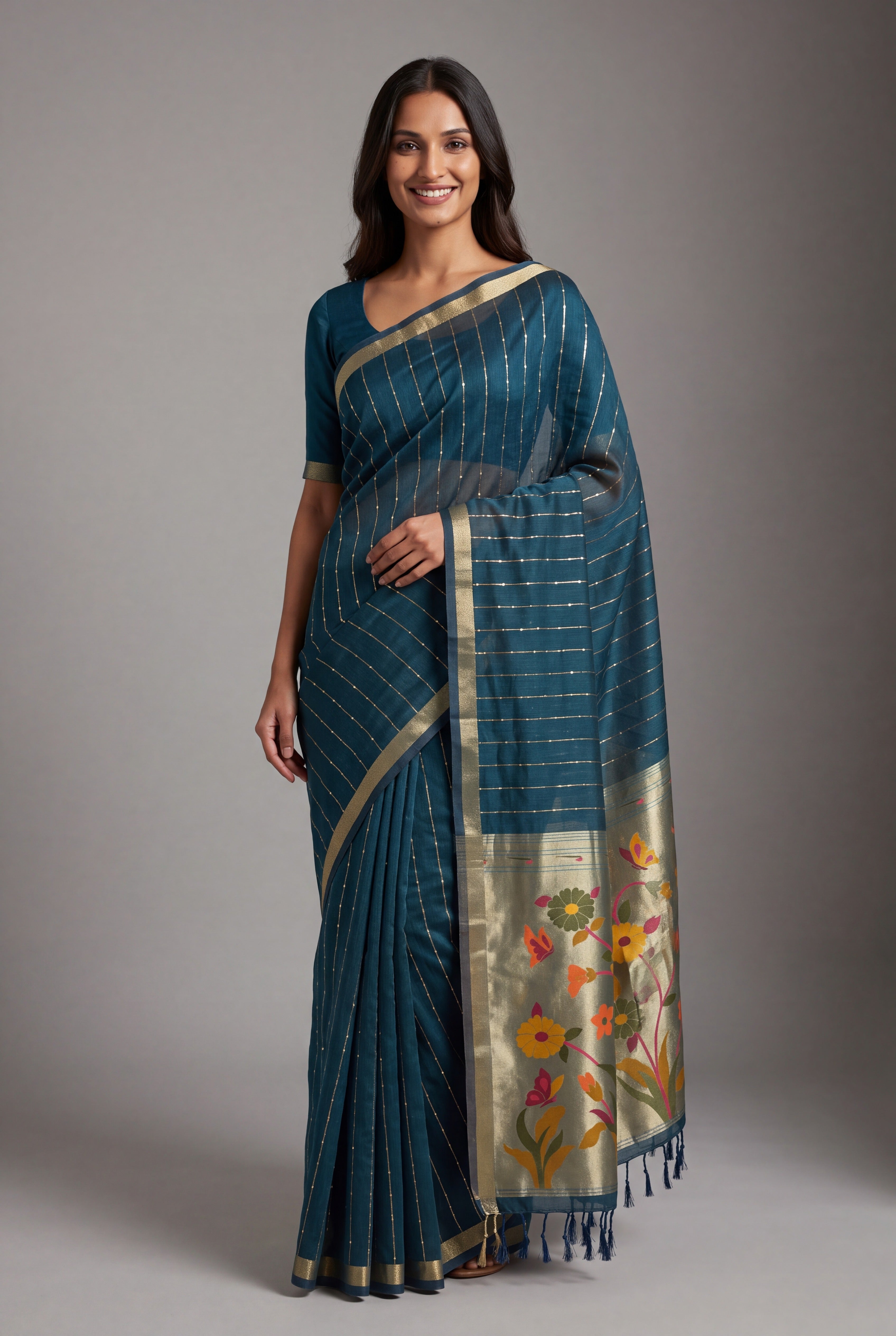 Sapphire Blue Jamdhani Cotton Paithani Saree with Zari Stripes and Sequins work