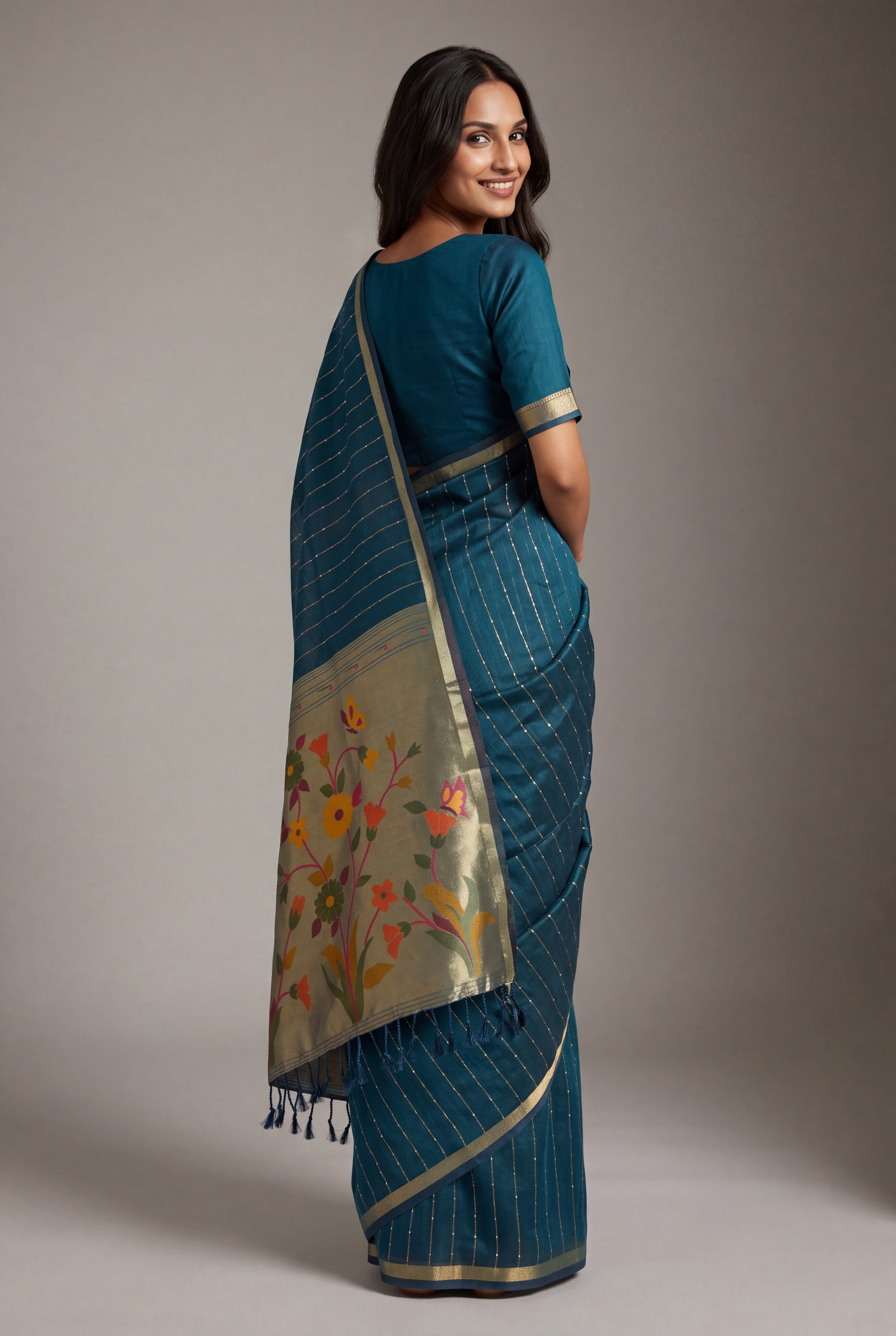 Sapphire Blue Jamdhani Cotton Paithani Saree with Zari Stripes and Sequins work
