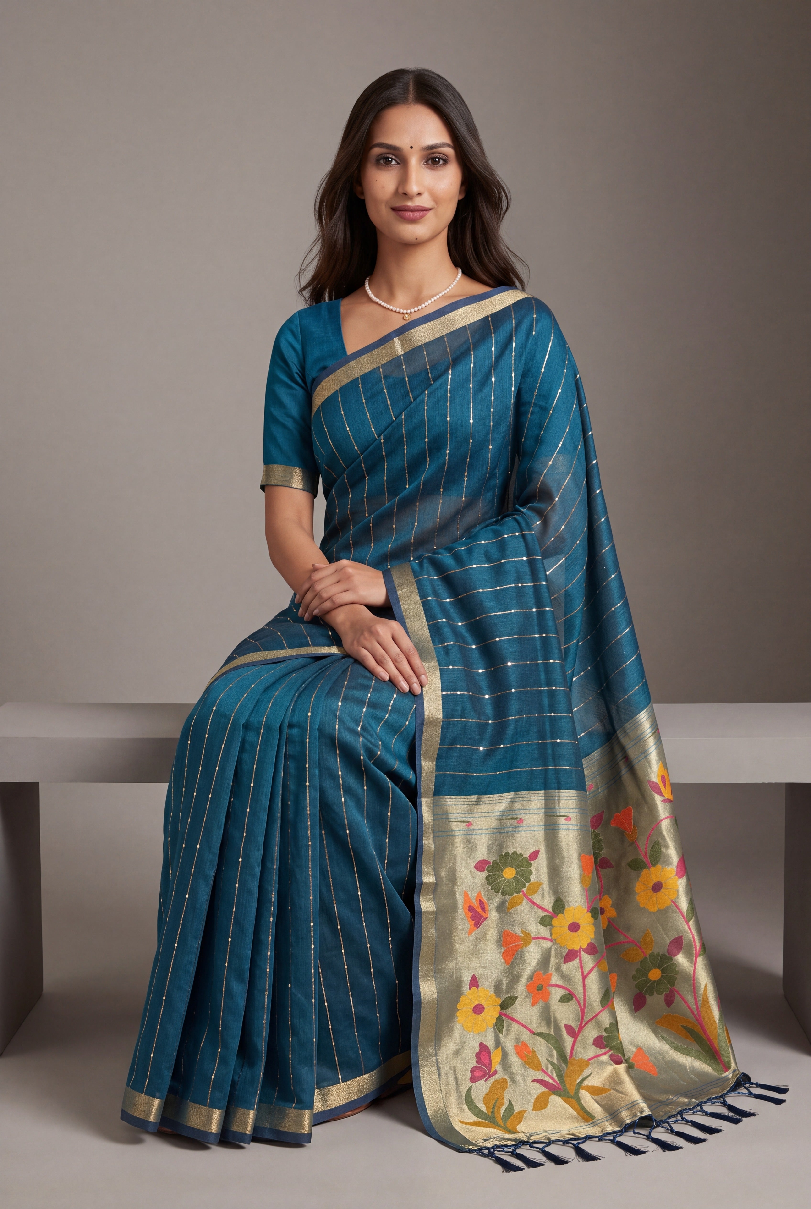Sapphire Blue Jamdhani Cotton Paithani Saree with Zari Stripes and Sequins work