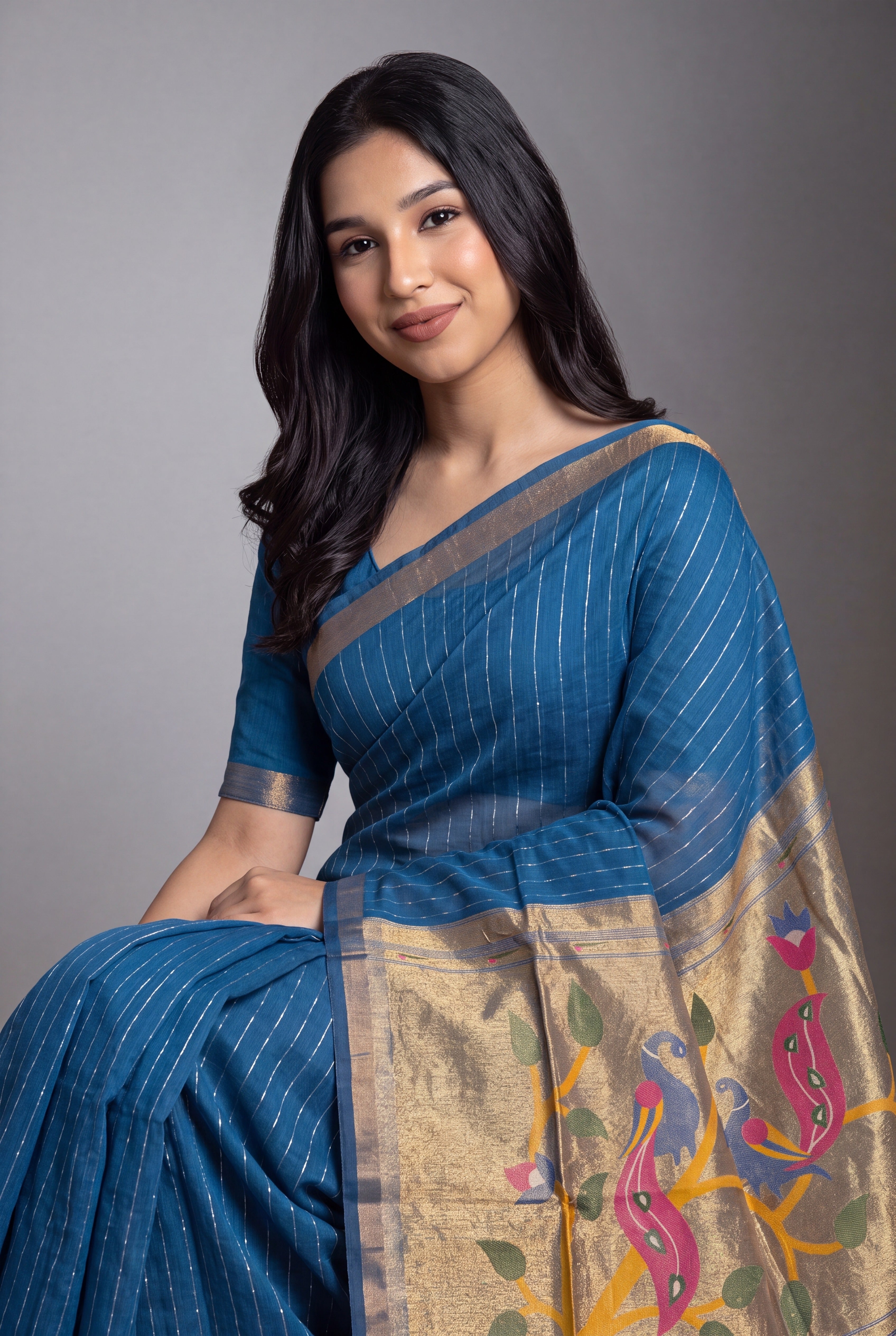 Sapphire Blue Jamdhani Cotton Paithani Saree with Zari stripes