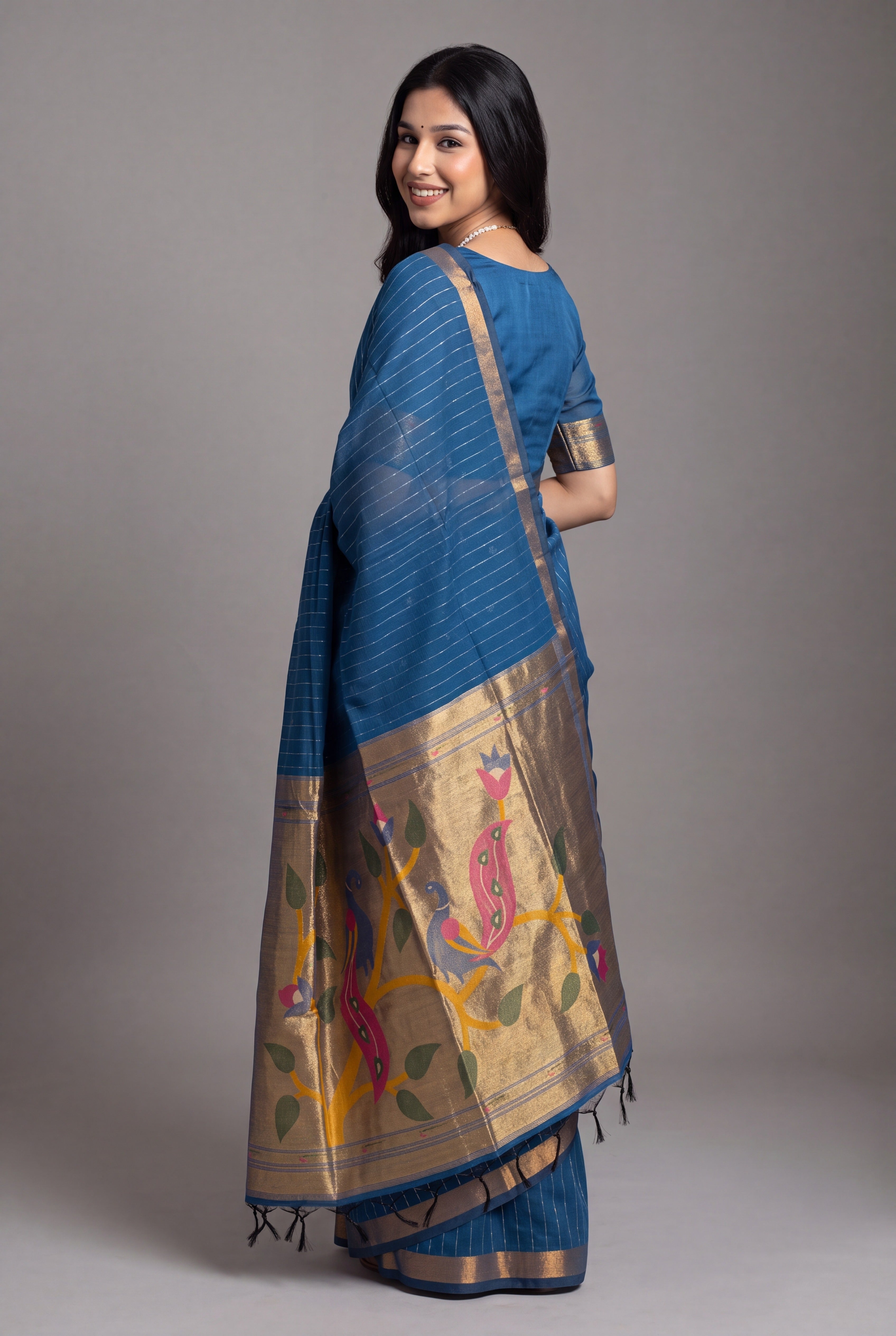 Sapphire Blue Jamdhani Cotton Paithani Saree with Zari stripes