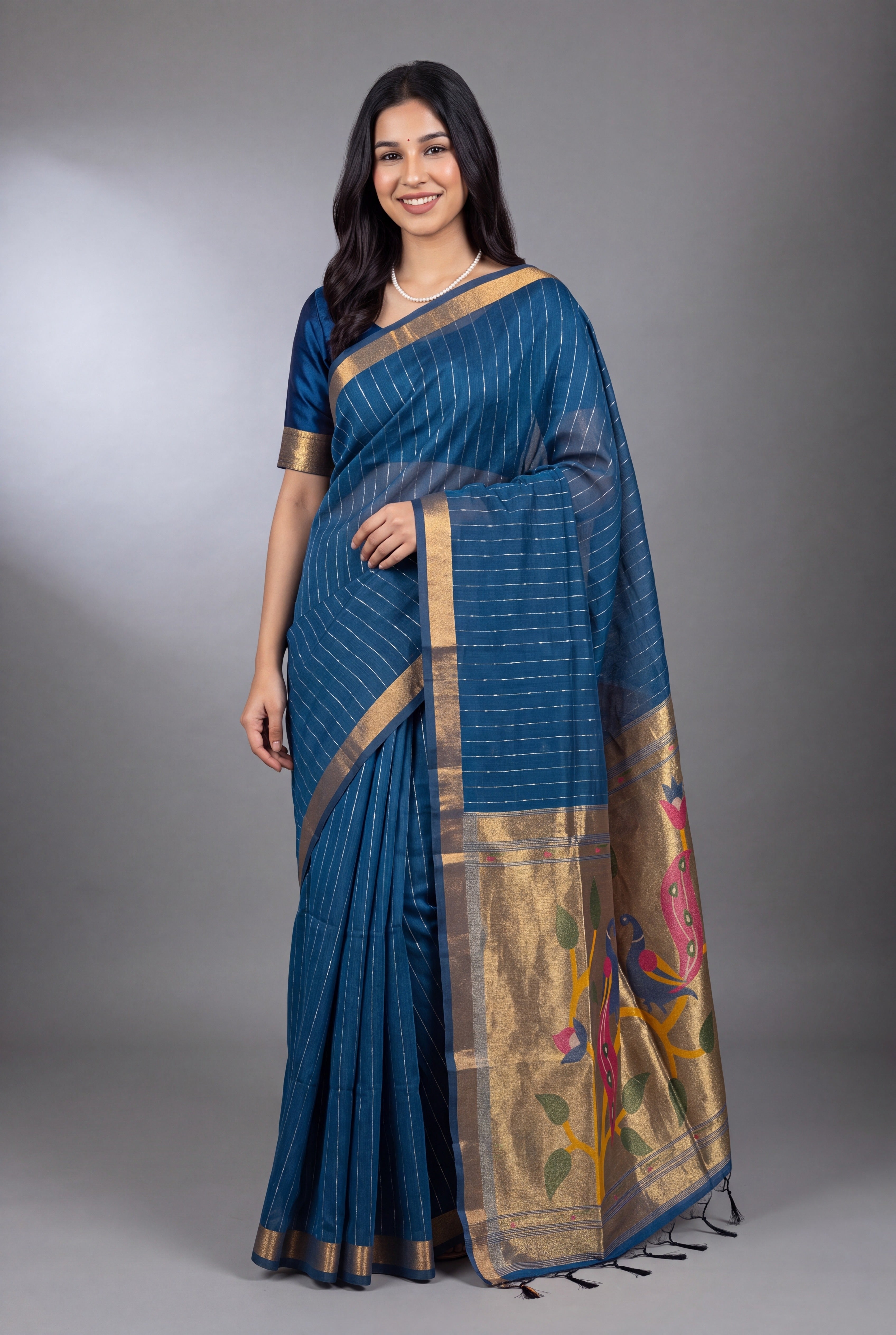 Sapphire Blue Jamdhani Cotton Paithani Saree with Zari stripes
