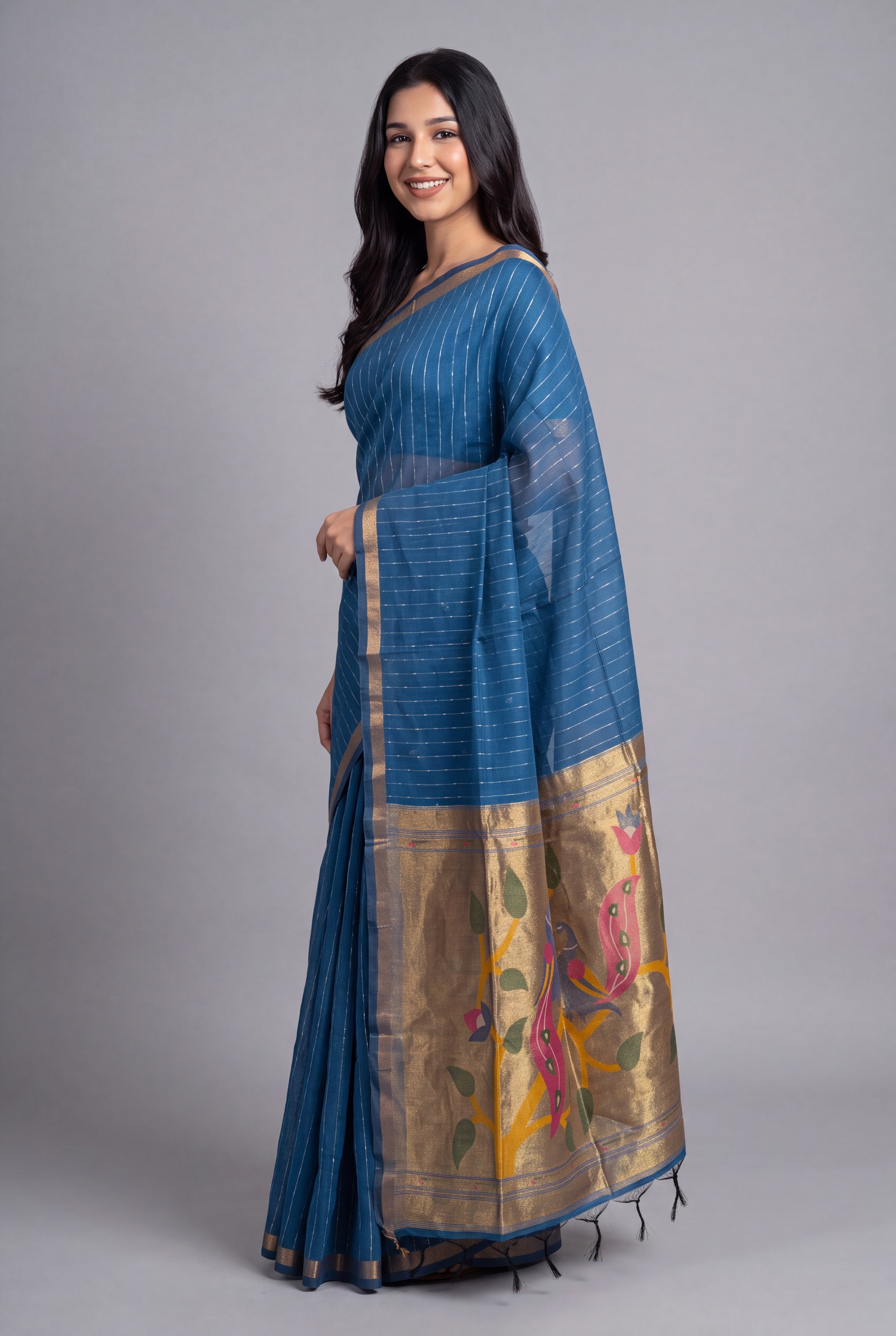 Sapphire Blue Jamdhani Cotton Paithani Saree with Zari stripes