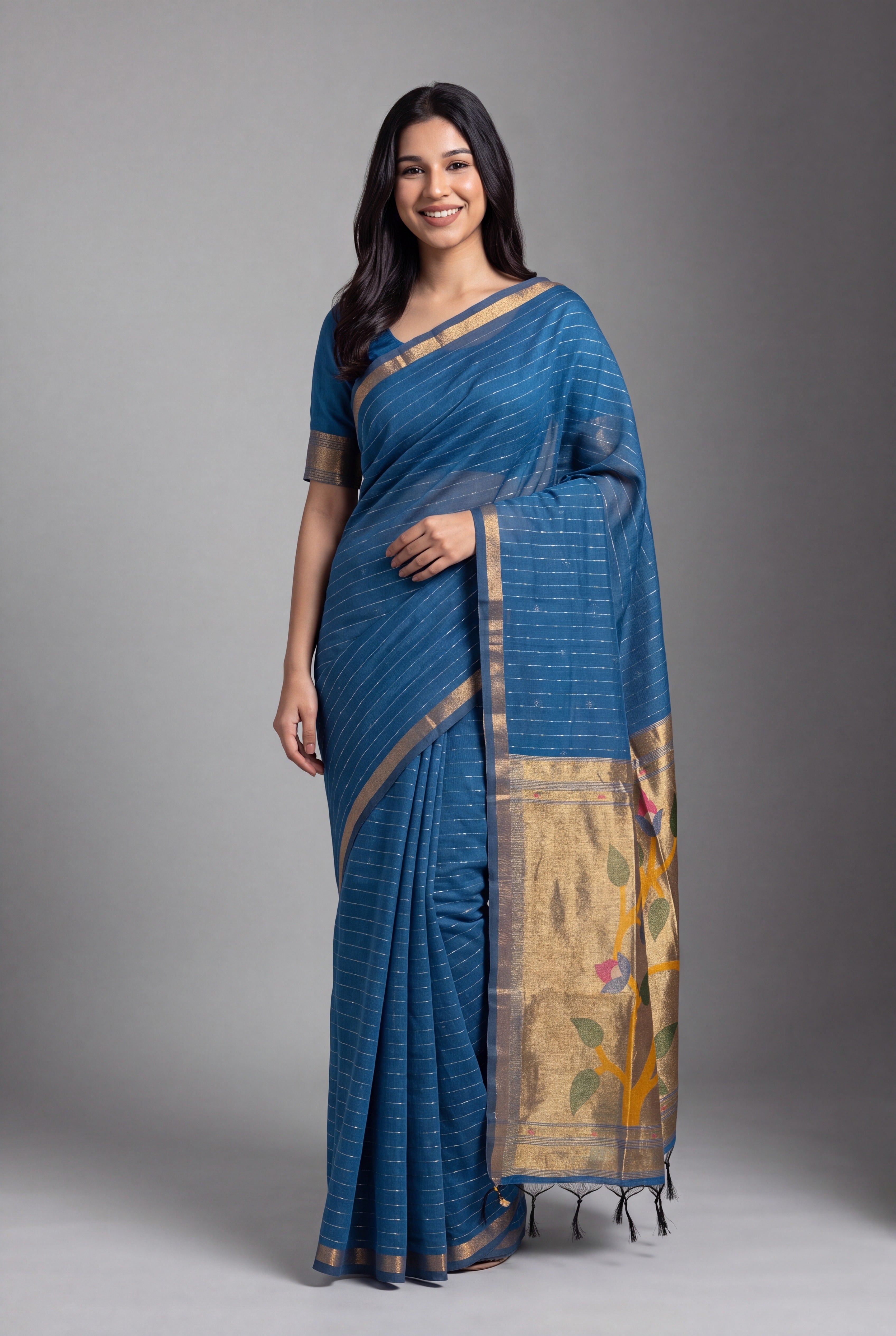 Sapphire Blue Jamdhani Cotton Paithani Saree with Zari stripes