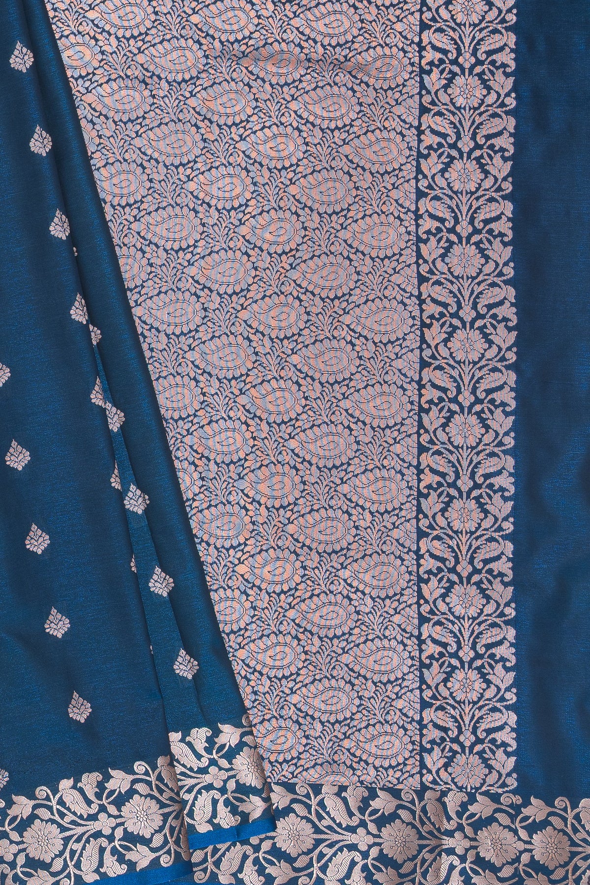 Sapphire Blue Katan Silk Banarasi Saree with Gold Zari Pallava Butti