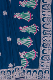 Sapphire Blue Katan Silk Banarasi Saree with Silver Zari Baluchari border
