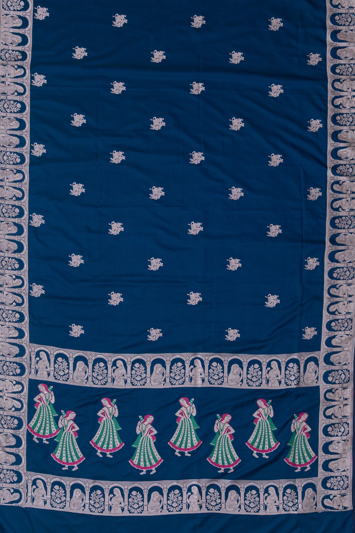 Sapphire Blue Katan Silk Banarasi Saree with Silver Zari Baluchari border