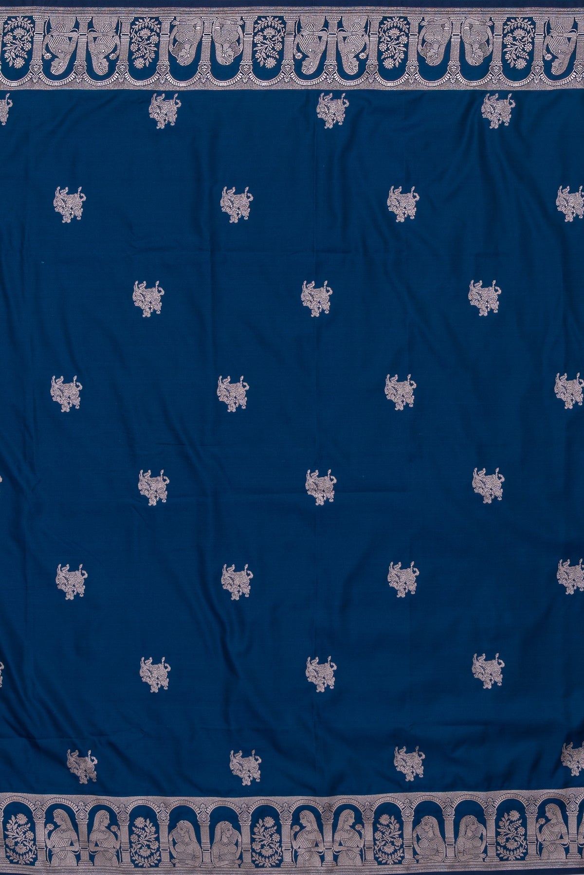 Sapphire Blue Katan Silk Banarasi Saree with Silver Zari Baluchari border