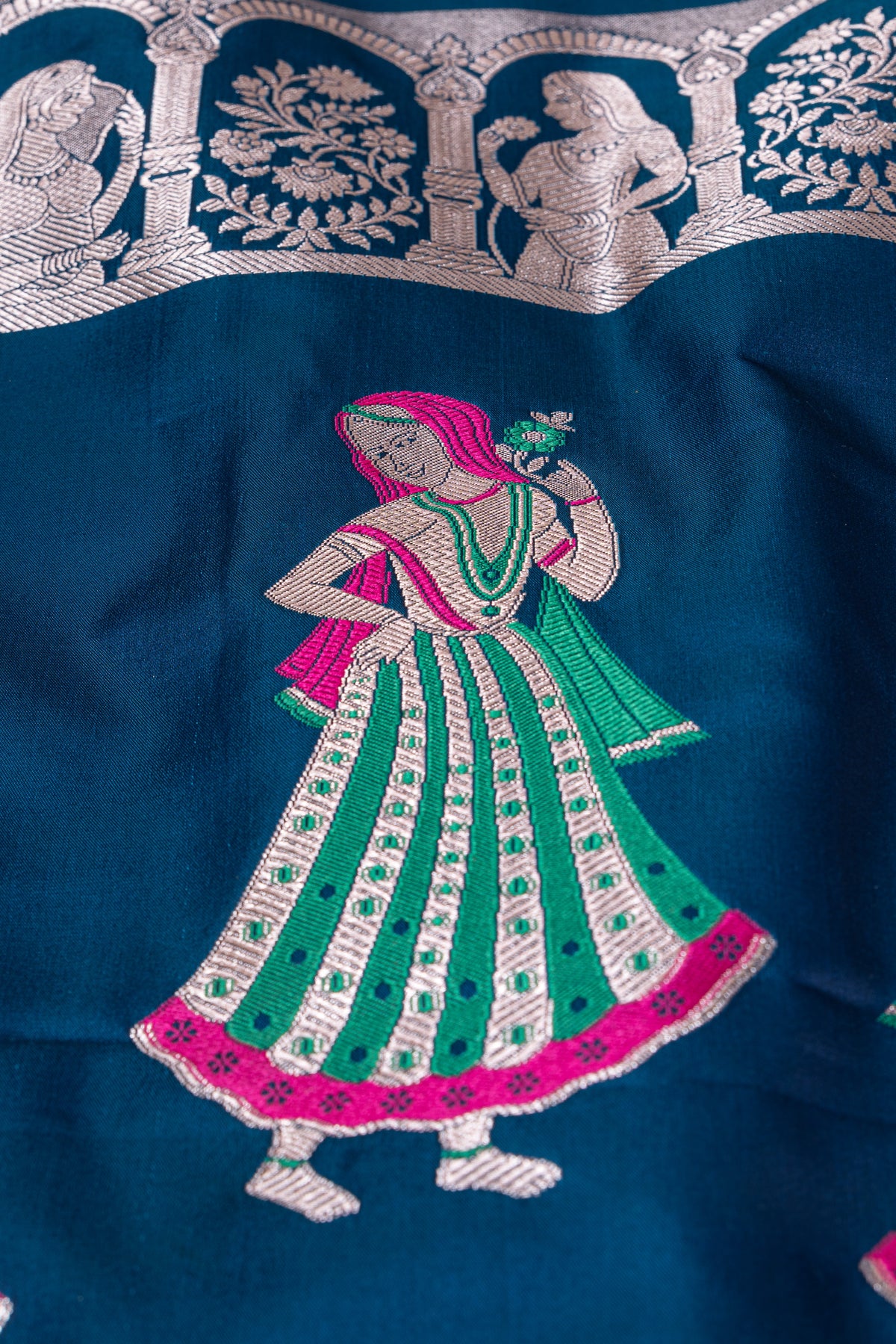 Sapphire Blue Katan Silk Banarasi Saree with Silver Zari Baluchari border