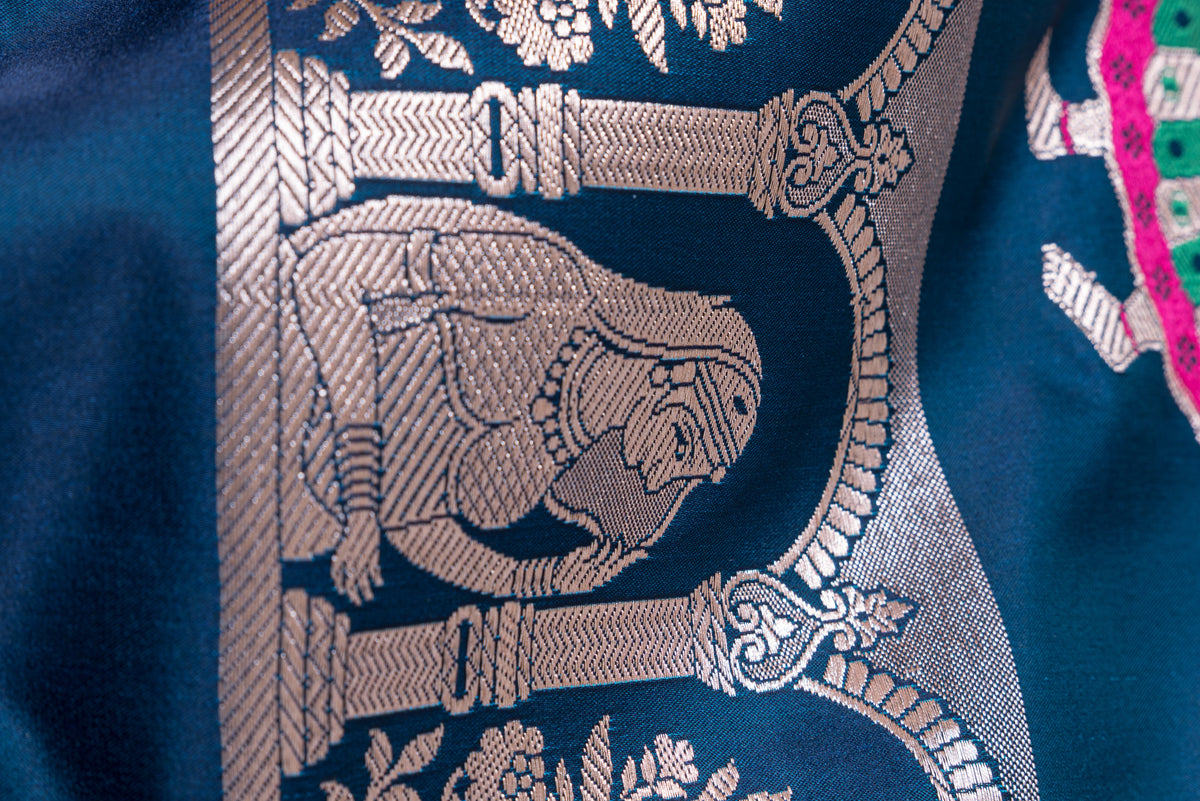 Sapphire Blue Katan Silk Banarasi Saree with Silver Zari Baluchari border