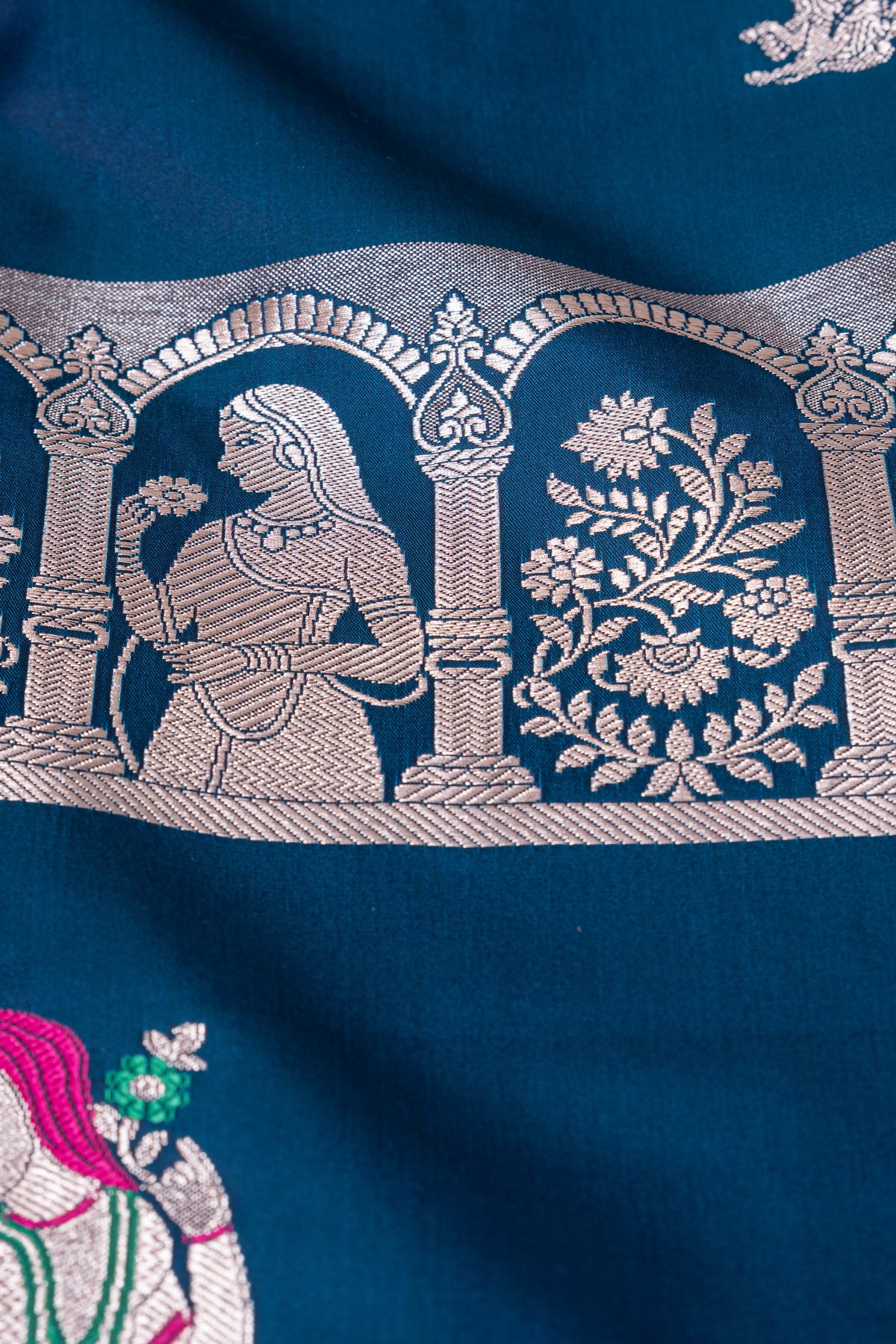 Sapphire Blue Katan Silk Banarasi Saree with Silver Zari Baluchari border