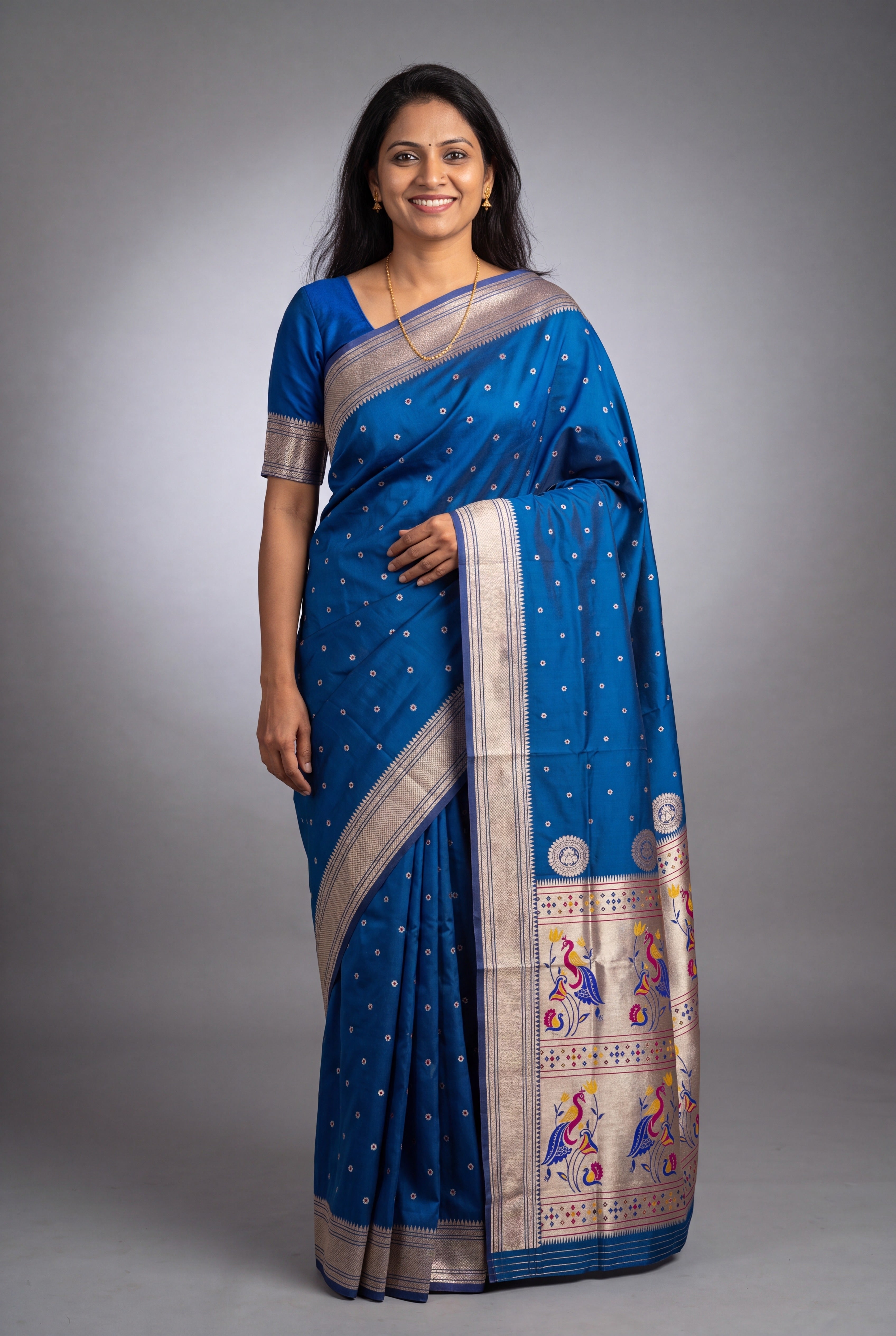 Sapphire Blue Katan Silk Paithani Saree with Mayuramala Pallu and Meena butti