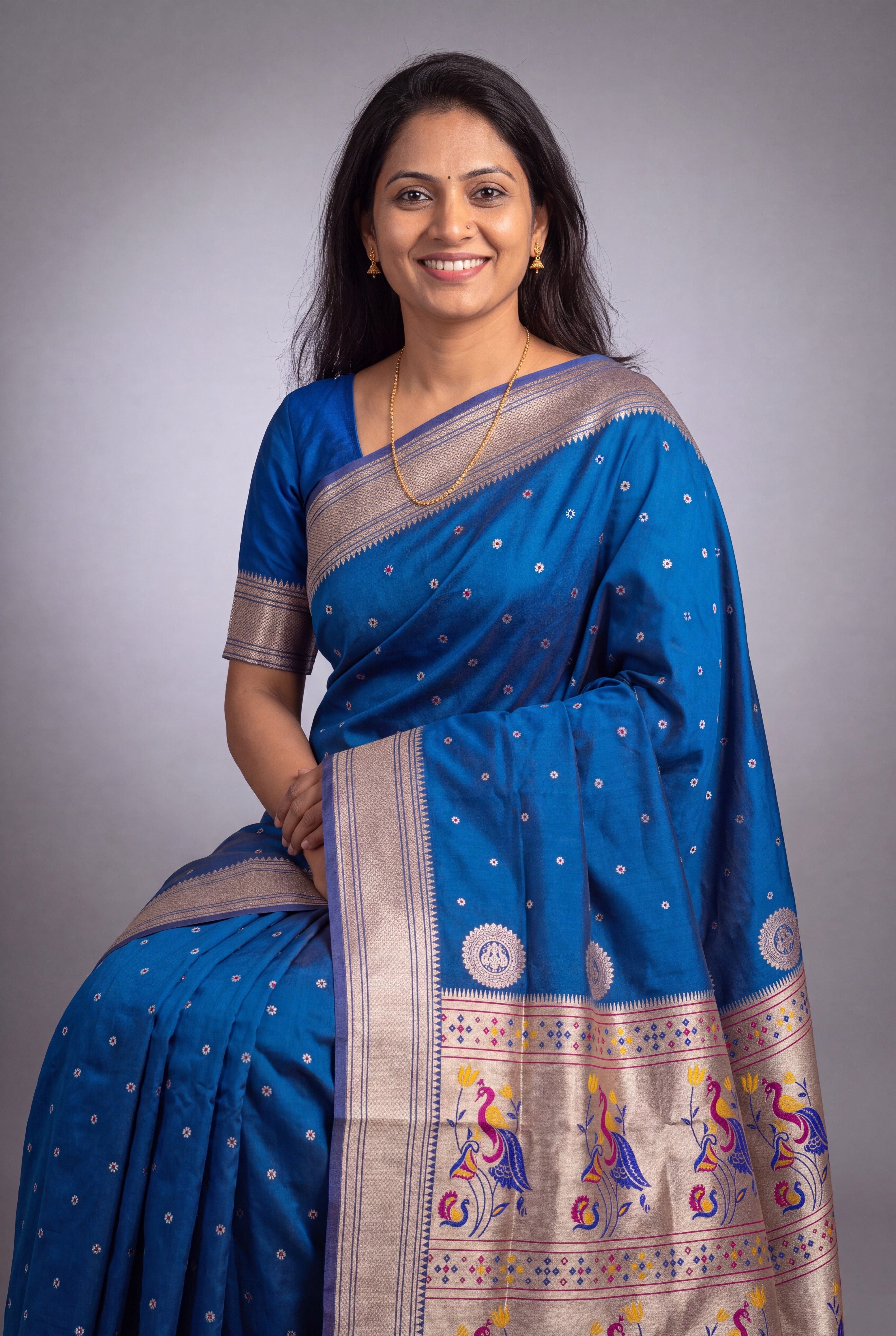 Sapphire Blue Katan Silk Paithani Saree with Mayuramala Pallu and Meena butti