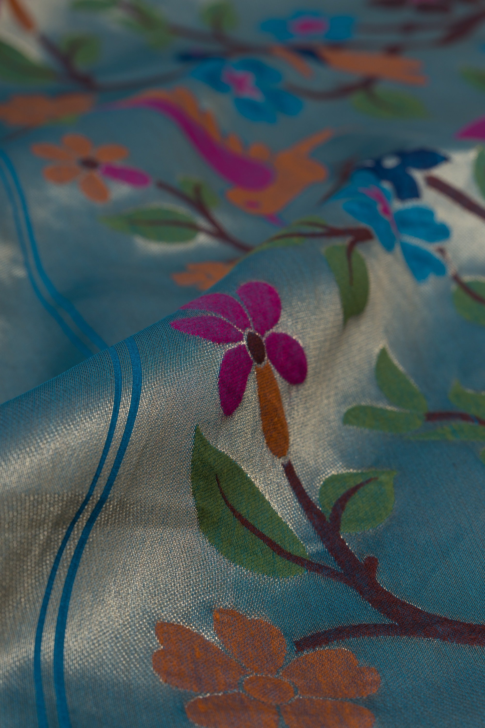Sapphire Blue Tussar Silk Paithani Saree with Pakṣivana Pallu