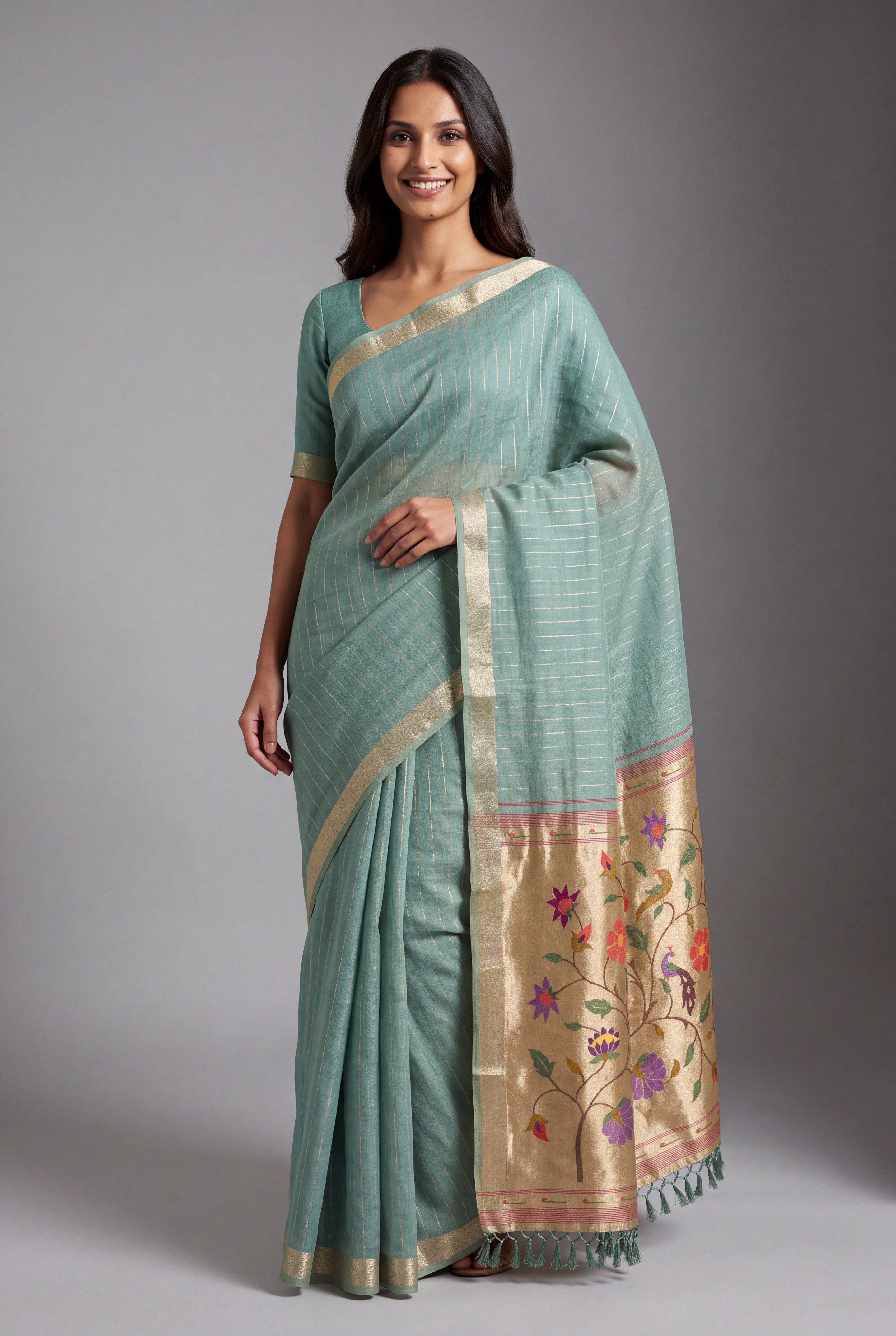 Sea Green Jamdhani Cotton Paithani Saree with Zari Stripes and Puṣpavallī Pallu