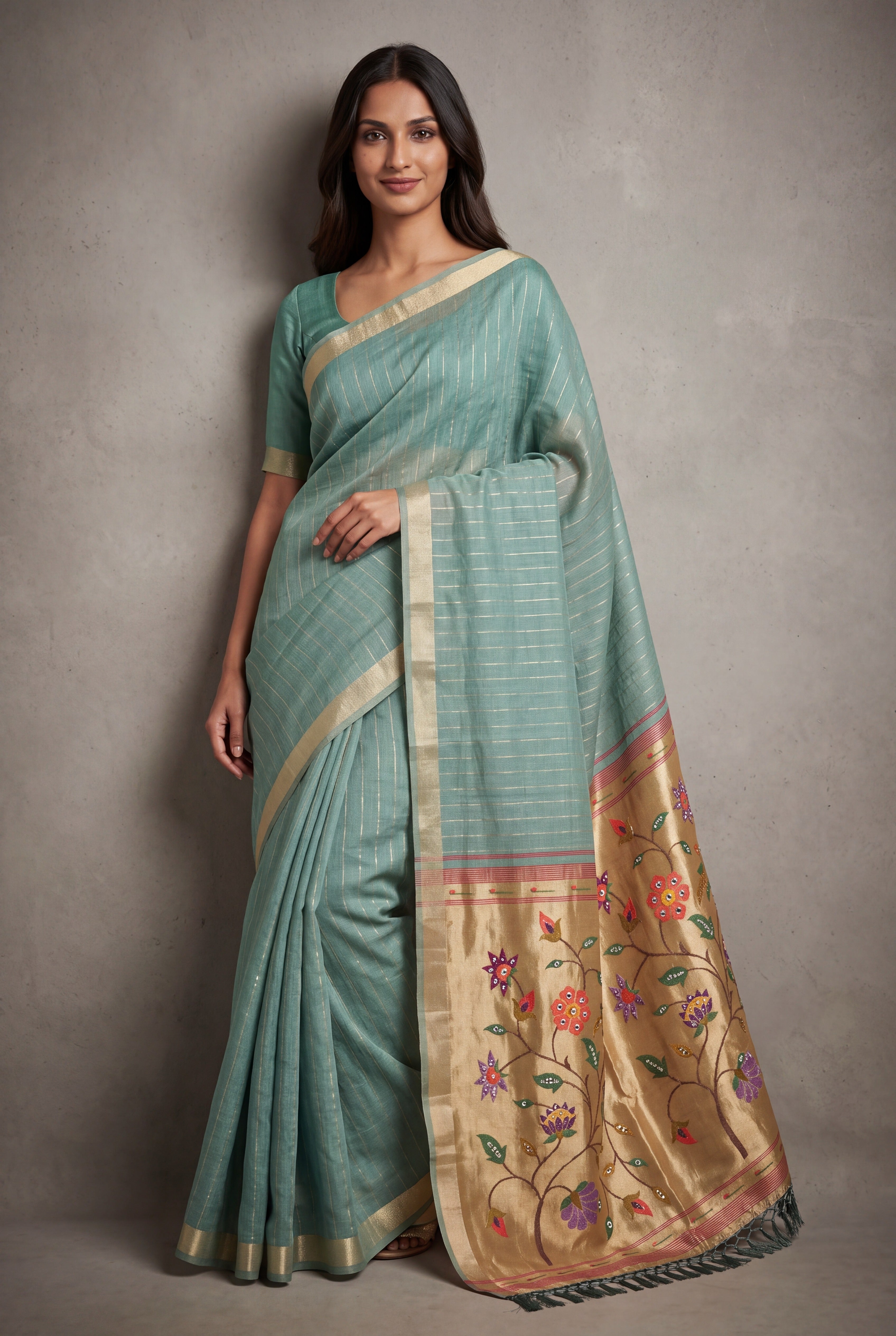 Sea Green Jamdhani Cotton Paithani Saree with Zari Stripes and Puṣpavallī Pallu